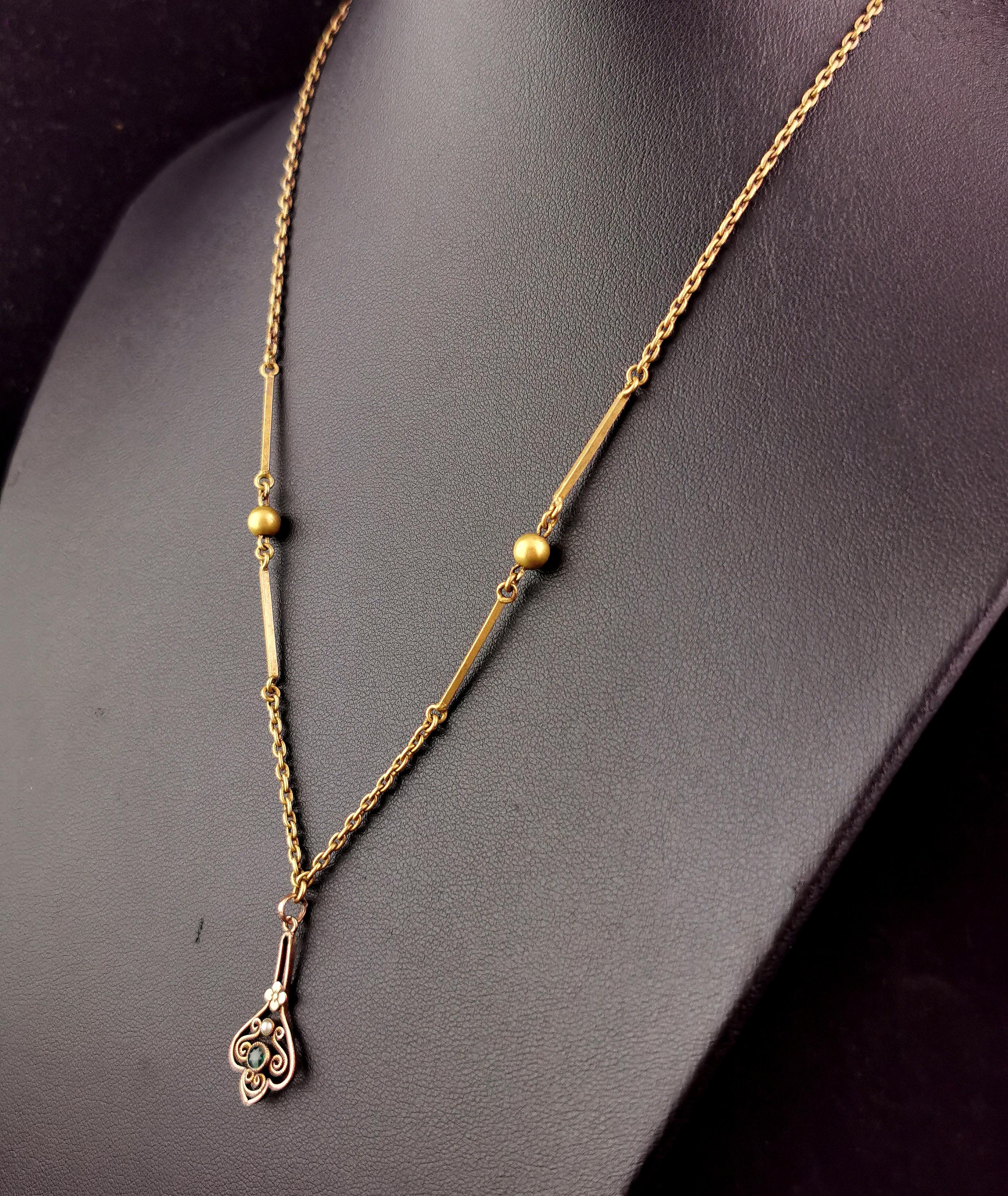 Antique gilt pendant necklace, Green paste, Fancy link chain  For Sale 5