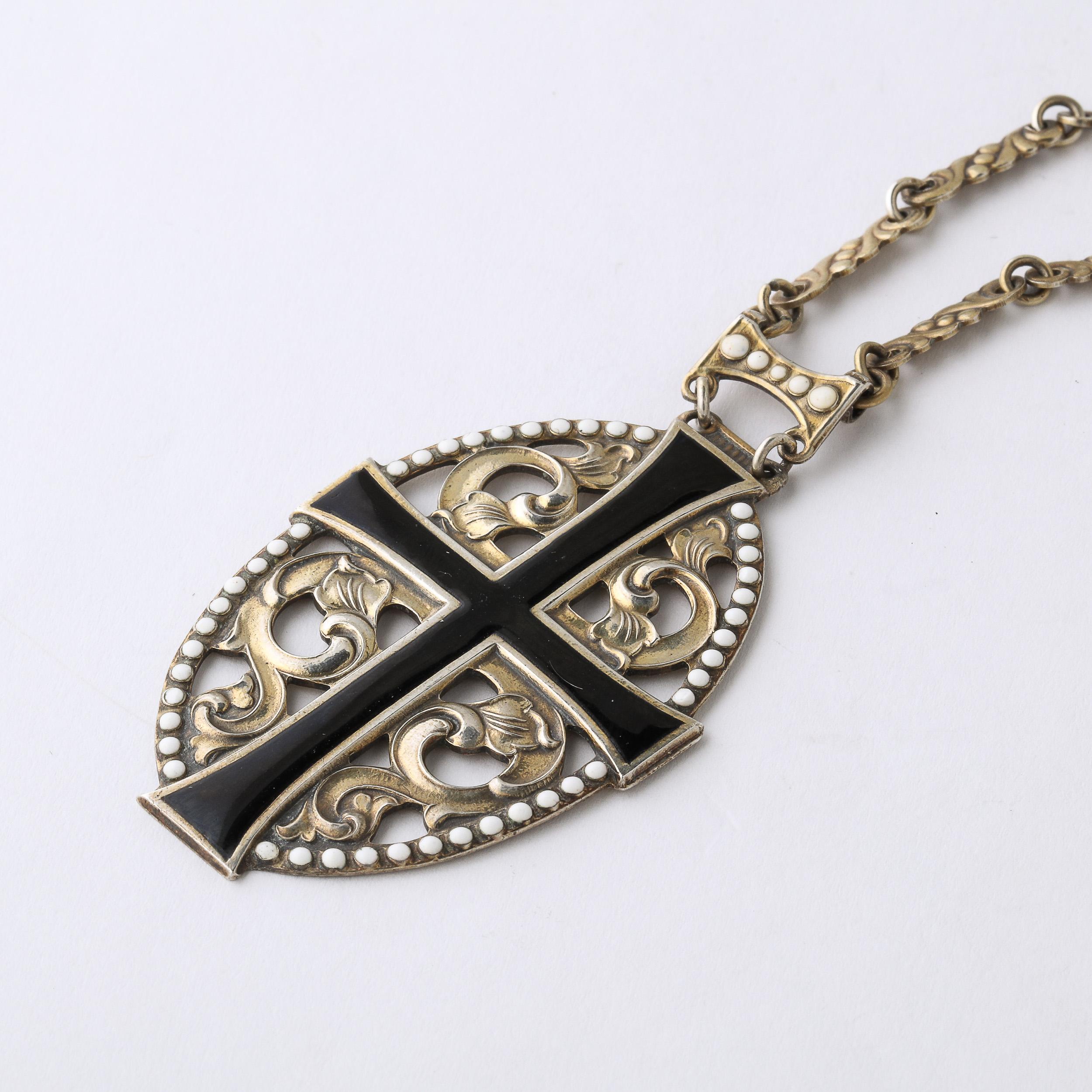 Antique Gilt Silver & Enamel Decorated Openwork Cross Pendant Necklace For Sale 5