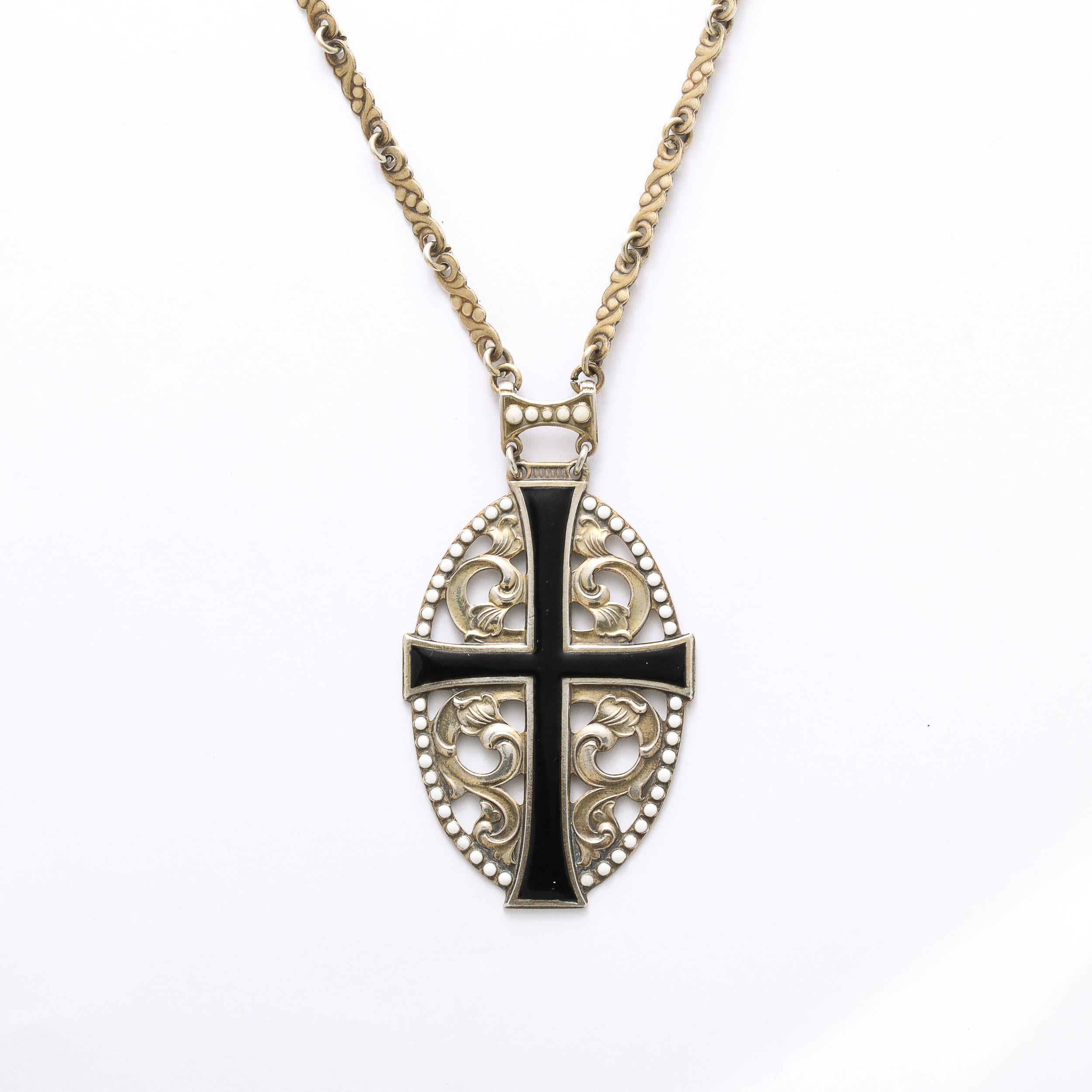 Victorian Antique Gilt Silver & Enamel Decorated Openwork Cross Pendant Necklace For Sale