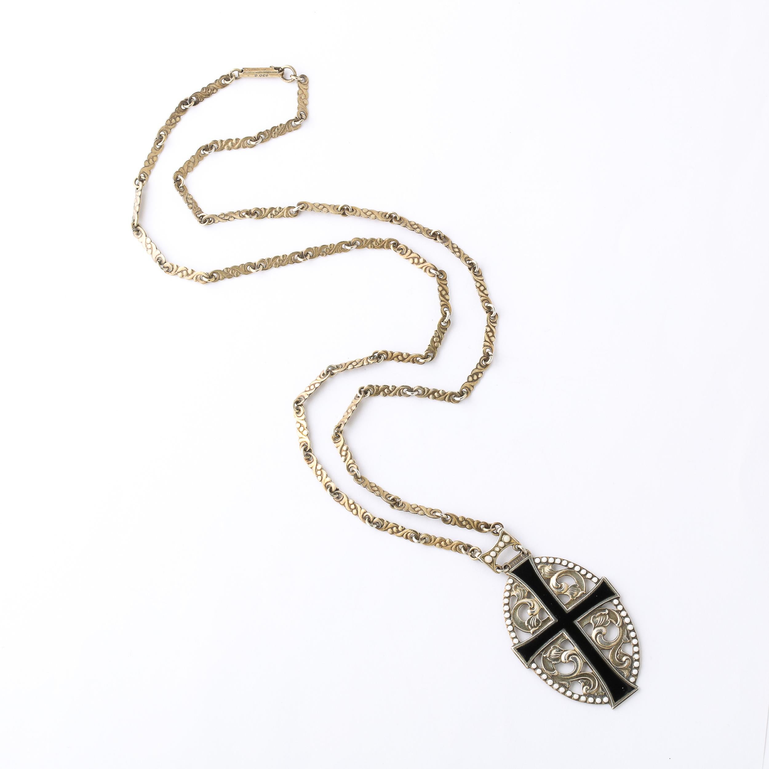 Antique Gilt Silver & Enamel Decorated Openwork Cross Pendant Necklace In Good Condition For Sale In New York, NY