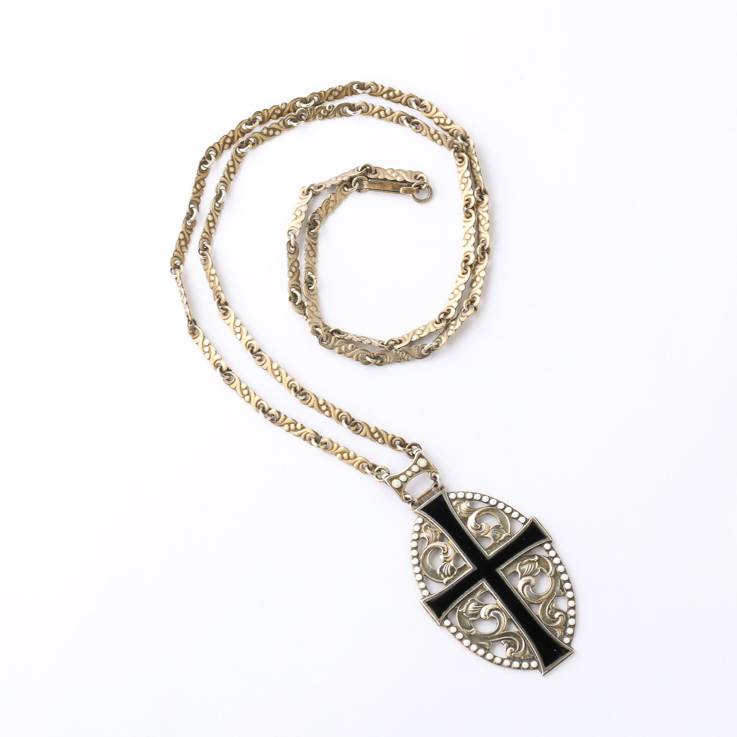 Women's or Men's Antique Gilt Silver & Enamel Decorated Openwork Cross Pendant Necklace For Sale