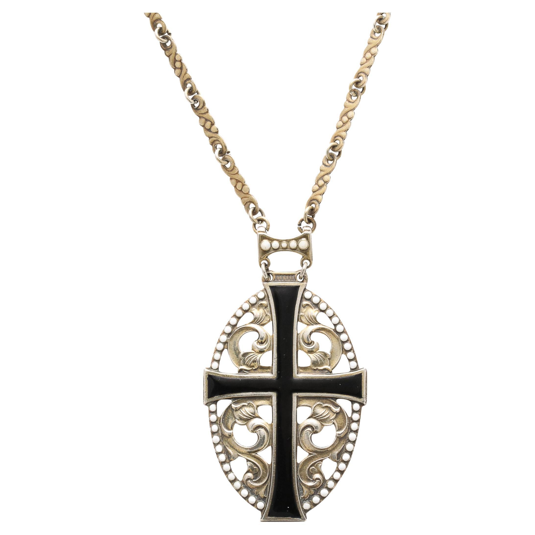 Antique Gilt Silver & Enamel Decorated Openwork Cross Pendant Necklace For Sale
