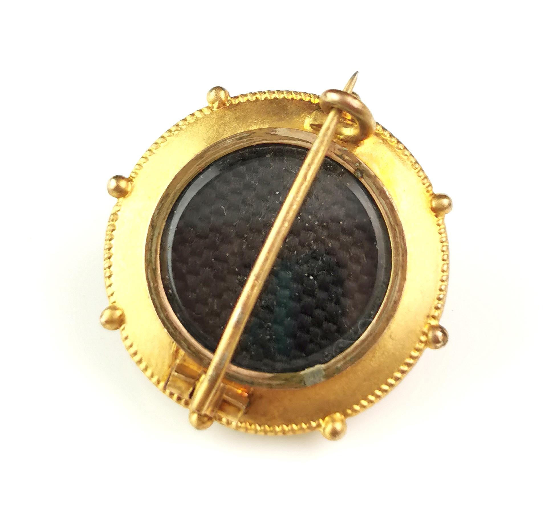Victorian Antique gilt target brooch, hairwork, Mourning 