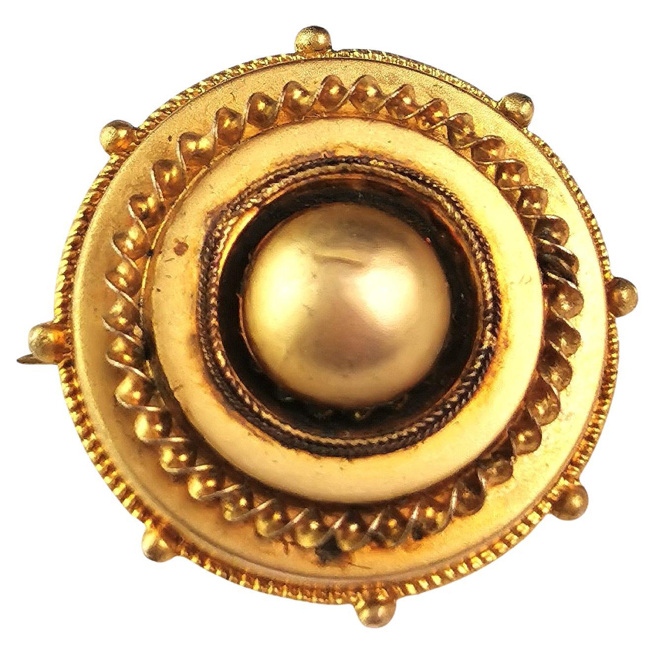 Antique gilt target brooch, hairwork, Mourning 