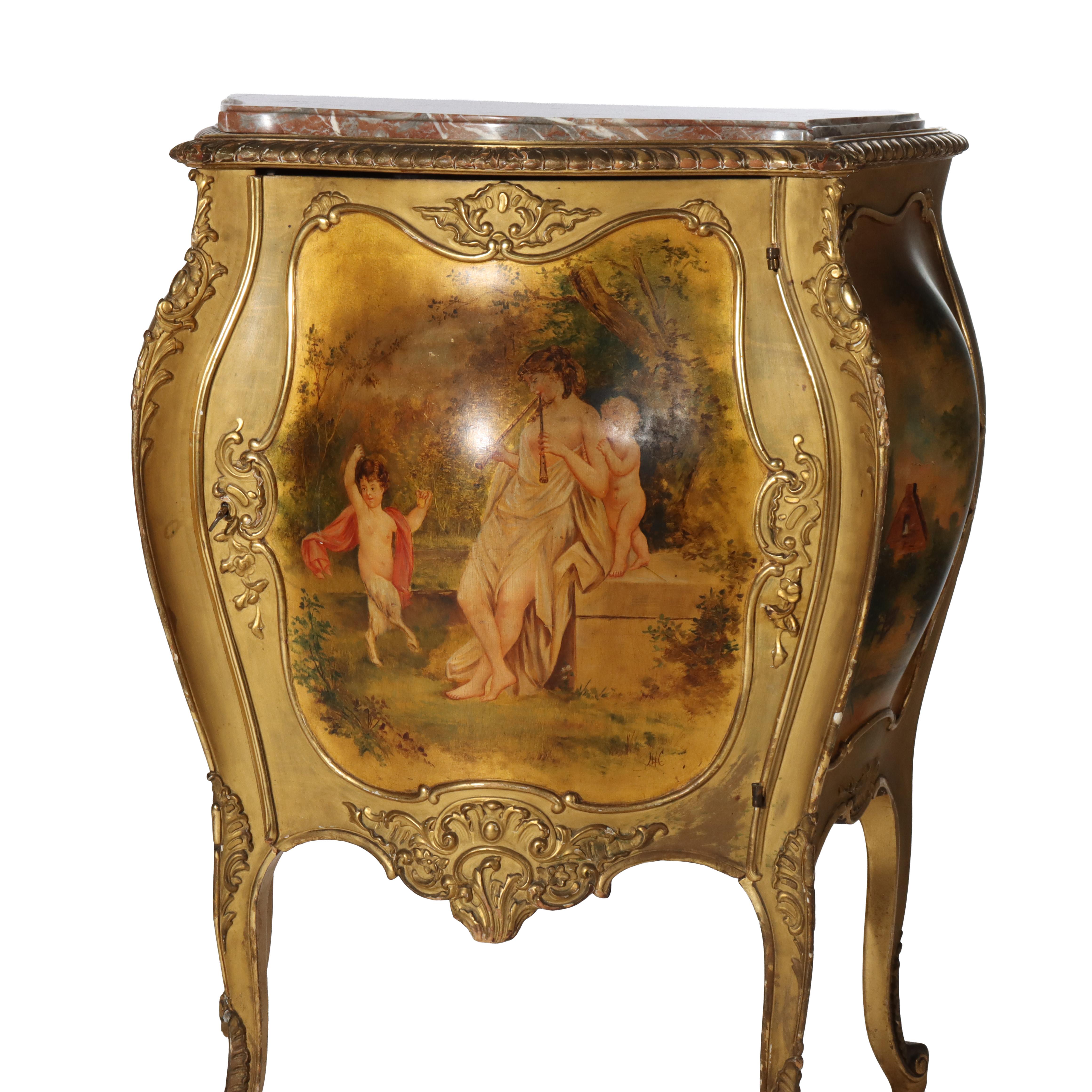 Antique Gilt & Vernis Martin Painted Marble Top Bombay Commode 19thC In Good Condition For Sale In Big Flats, NY