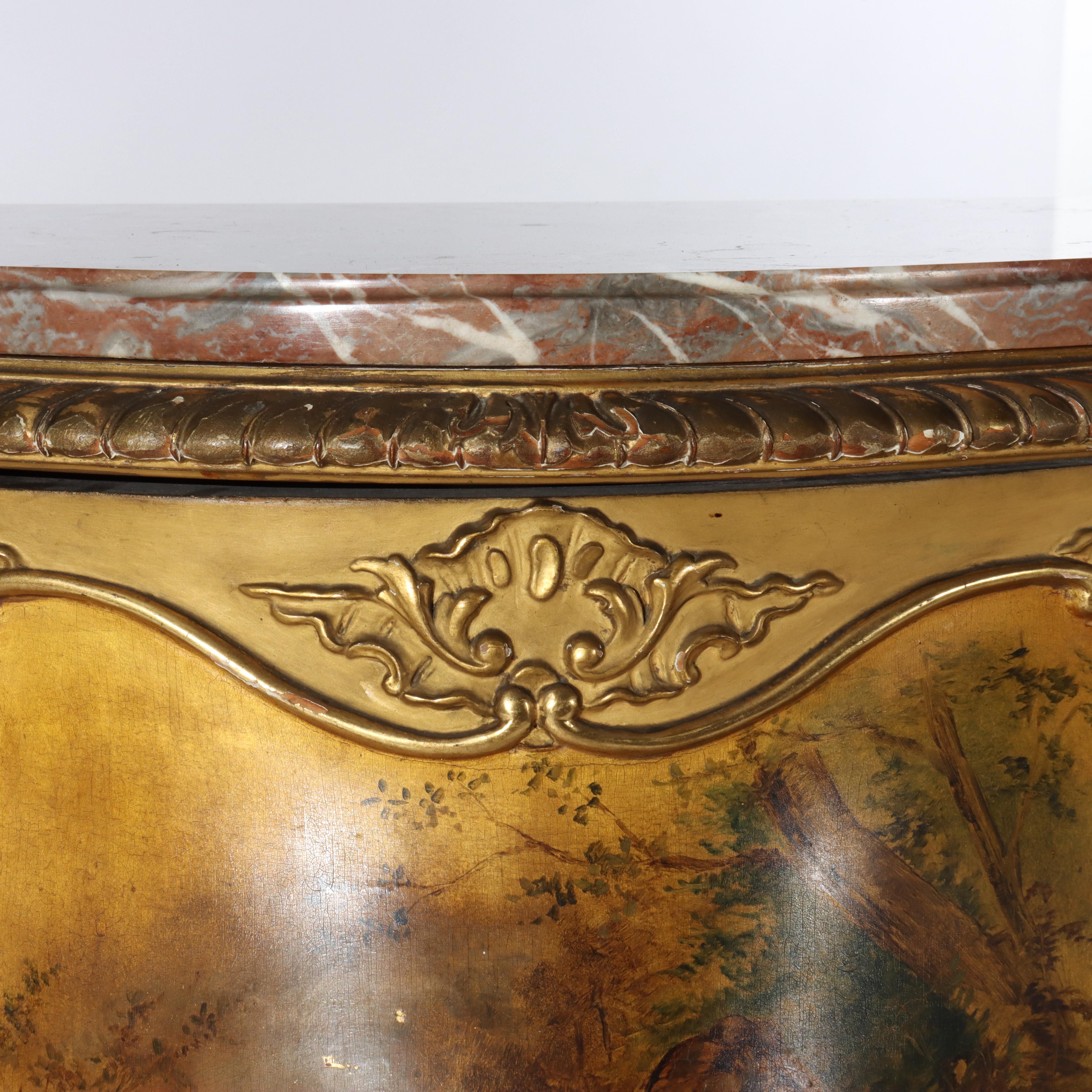 Wood Antique Gilt & Vernis Martin Painted Marble Top Bombay Commode 19thC For Sale