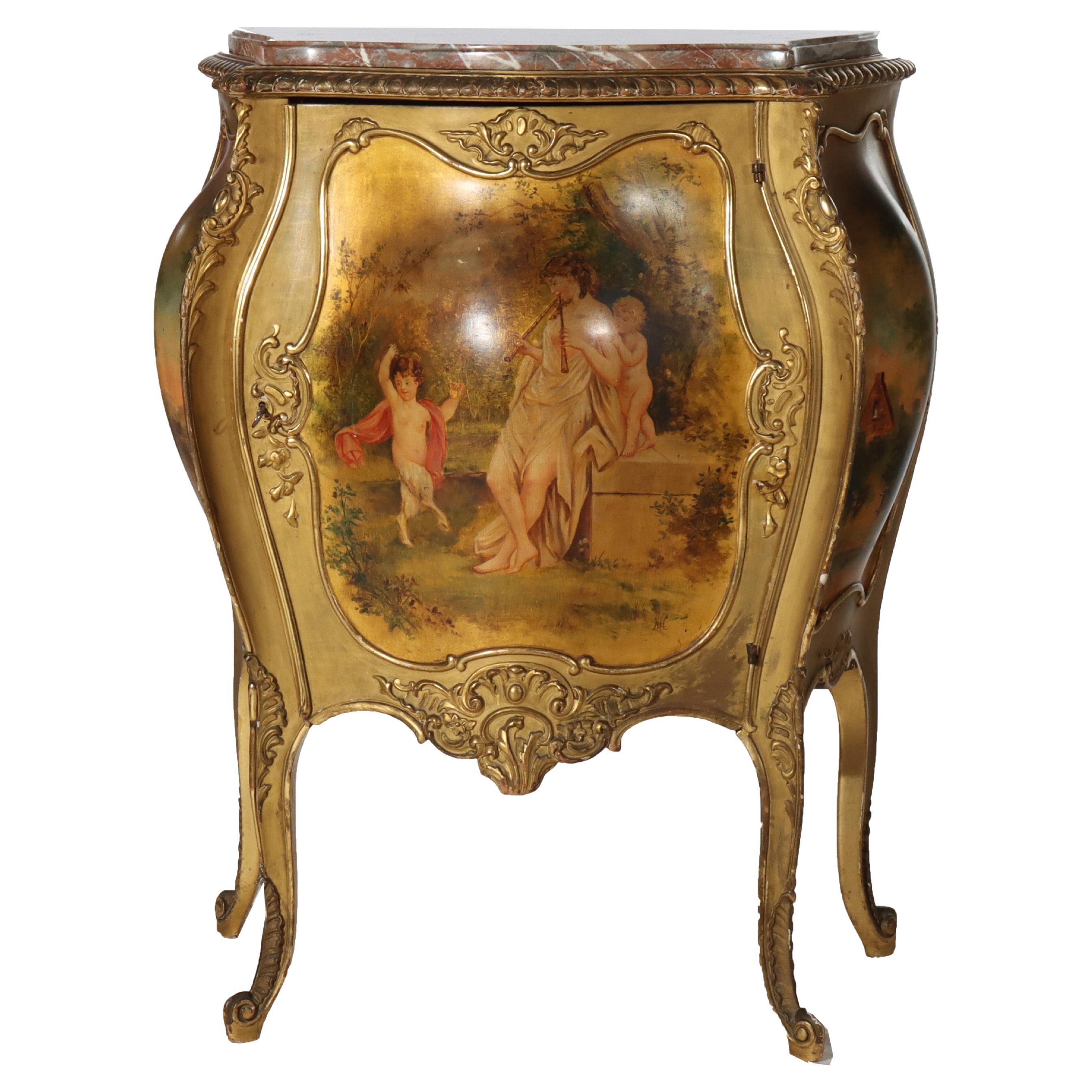 Antique Gilt & Vernis Martin Painted Marble Top Bombay Commode 19thC For Sale