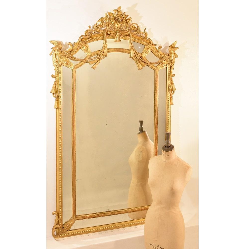 Louis Philippe Antique Gilt Wall Mirror, Mirror with Birds and Flowers, Gold Leaf Frame, XIX