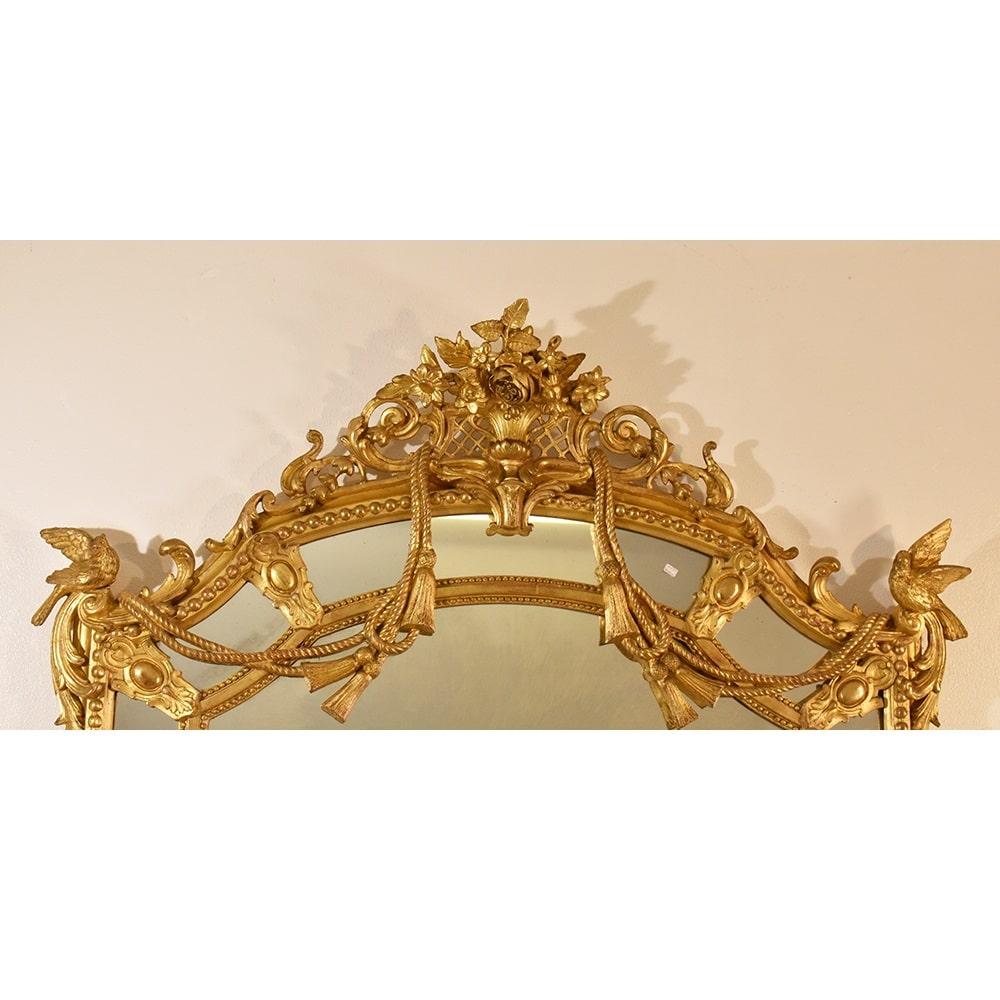 French Antique Gilt Wall Mirror, Mirror with Birds and Flowers, Gold Leaf Frame, XIX