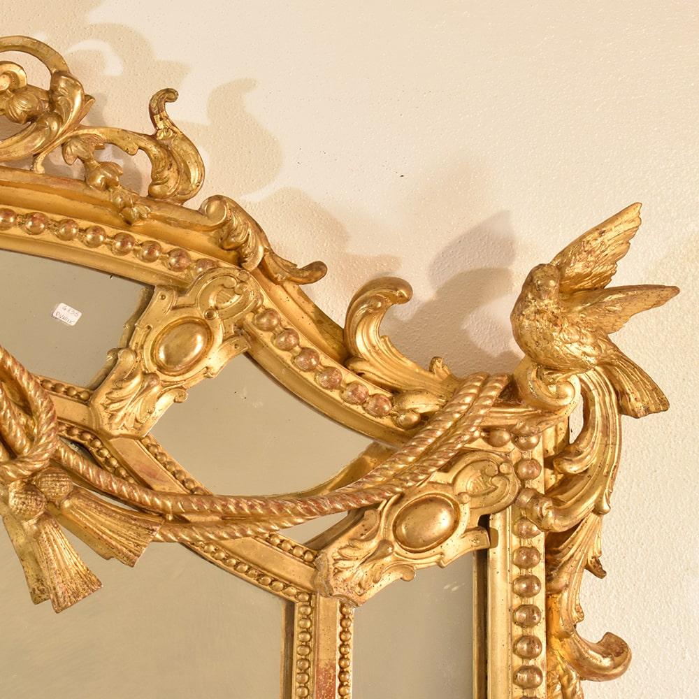 19th Century Antique Gilt Wall Mirror, Mirror with Birds and Flowers, Gold Leaf Frame, XIX