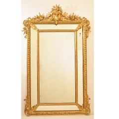 Antique Gilt Wall Mirror, Mirror with Flowers and Little Birds, Gold Leaf Frame