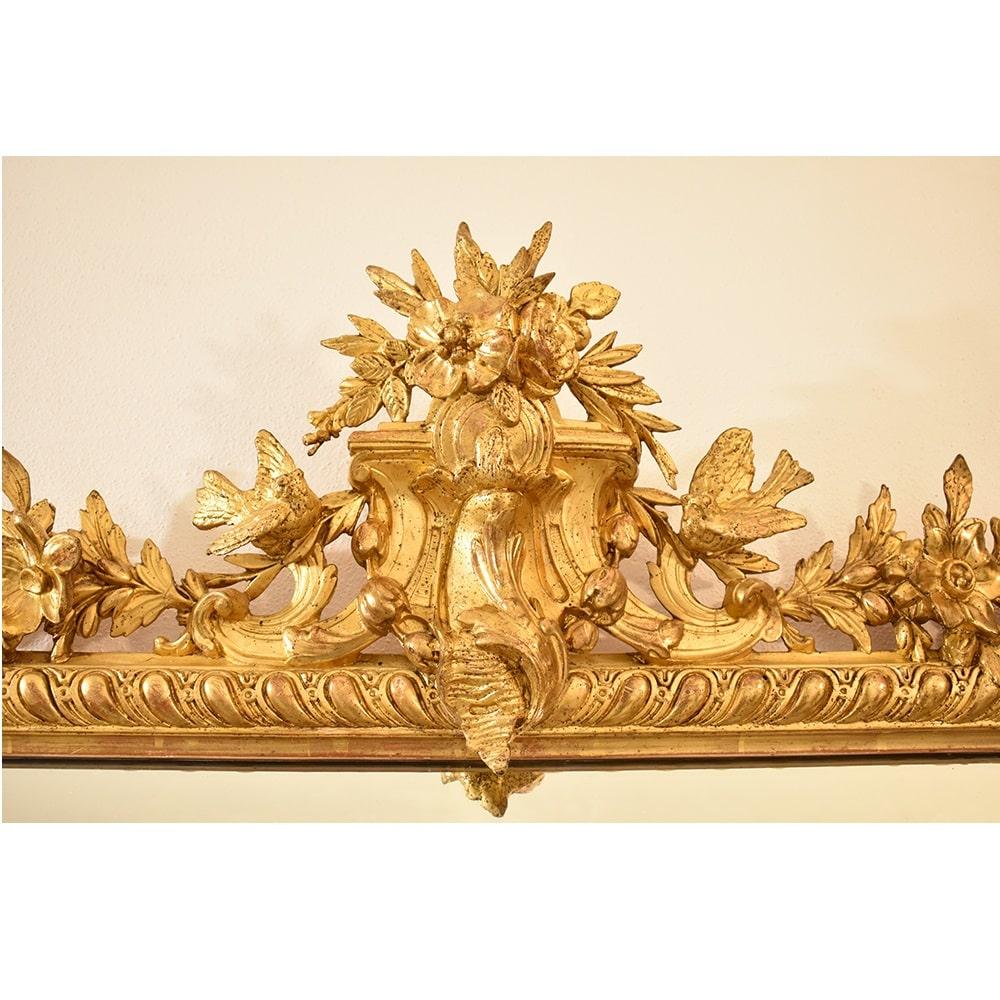 French Antique Gilt Wall Mirror, Mirror with Flowers and Little Birds, Gold Leaf Frame