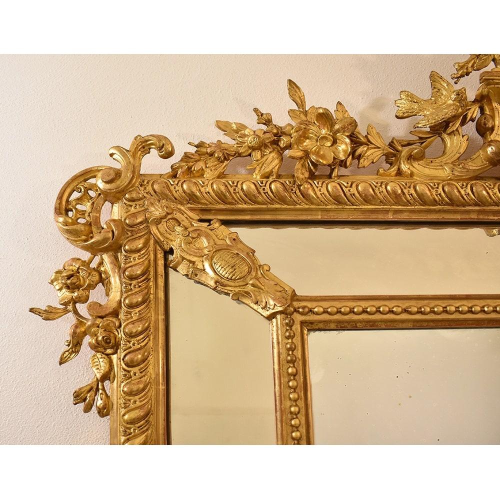 19th Century Antique Gilt Wall Mirror, Mirror with Flowers and Little Birds, Gold Leaf Frame