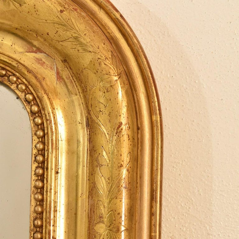 Antique Gilt Wall Mirror, Mirror with Flowers, Gold Leaf Frame, XIX