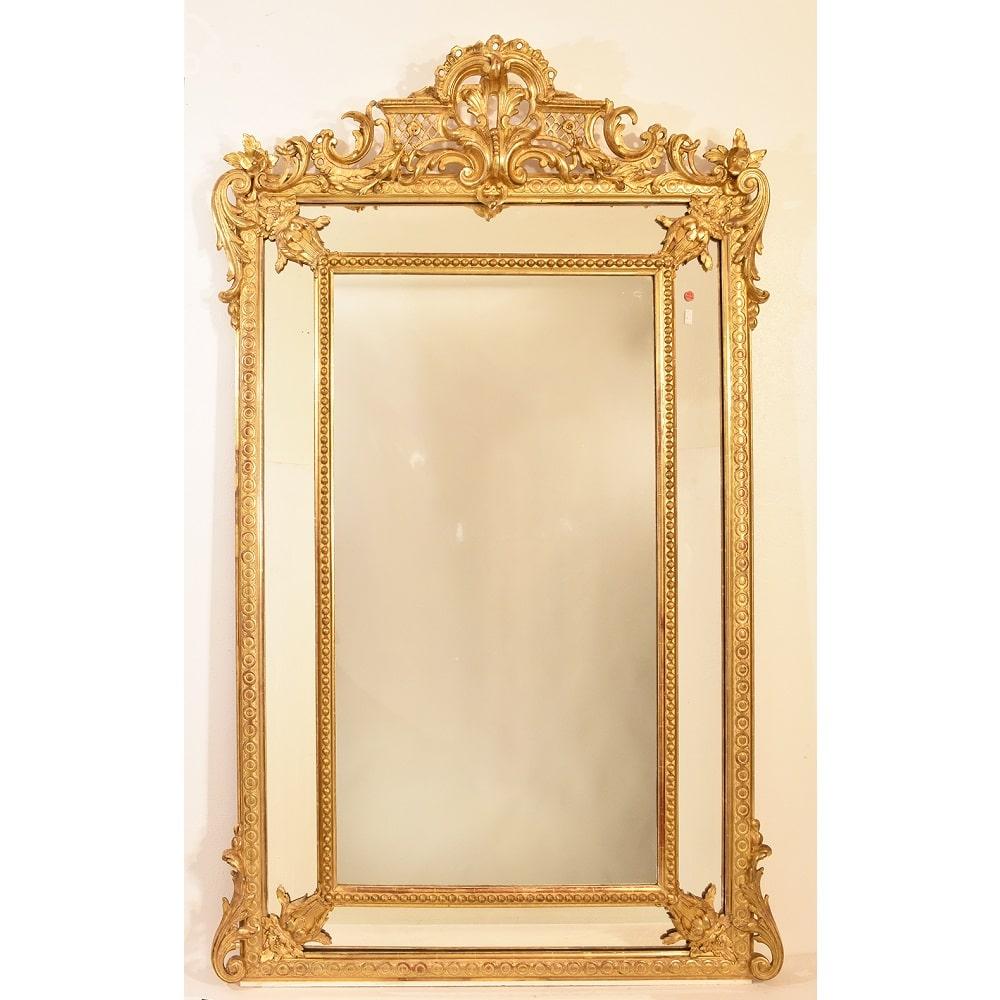 Louis Philippe Antique Gilt Wall Mirror, Mirror with Lyre and Flowers, Gold Leaf Frame, XIX
