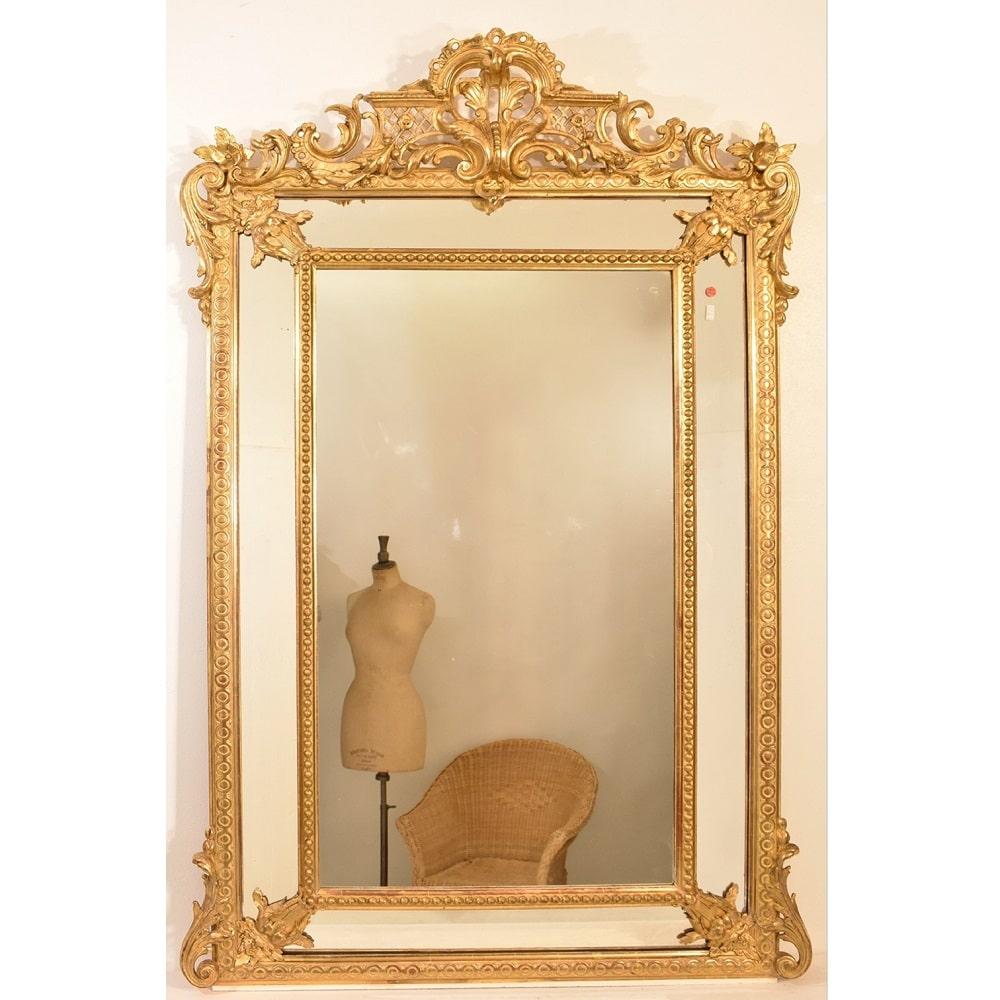 French Antique Gilt Wall Mirror, Mirror with Lyre and Flowers, Gold Leaf Frame, XIX