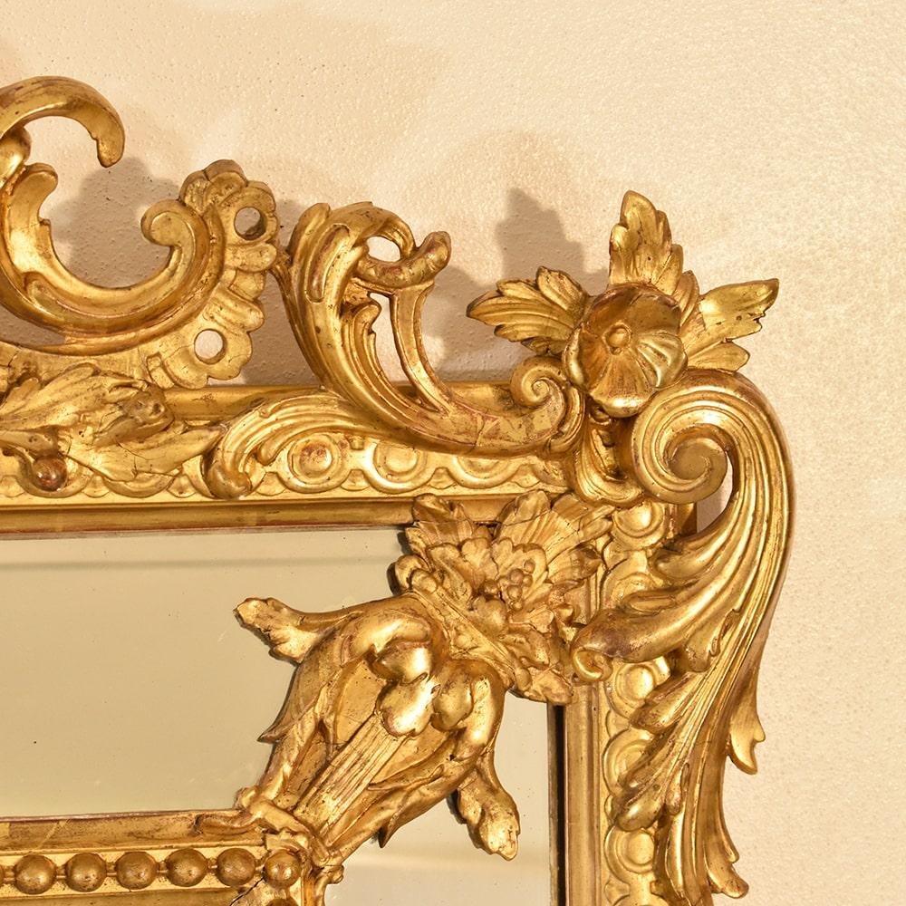 Antique Gilt Wall Mirror, Mirror with Lyre and Flowers, Gold Leaf Frame, XIX 1