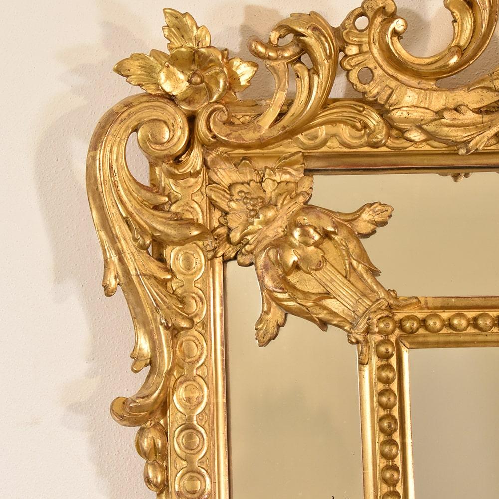Antique Gilt Wall Mirror, Mirror with Lyre and Flowers, Gold Leaf Frame, XIX 2