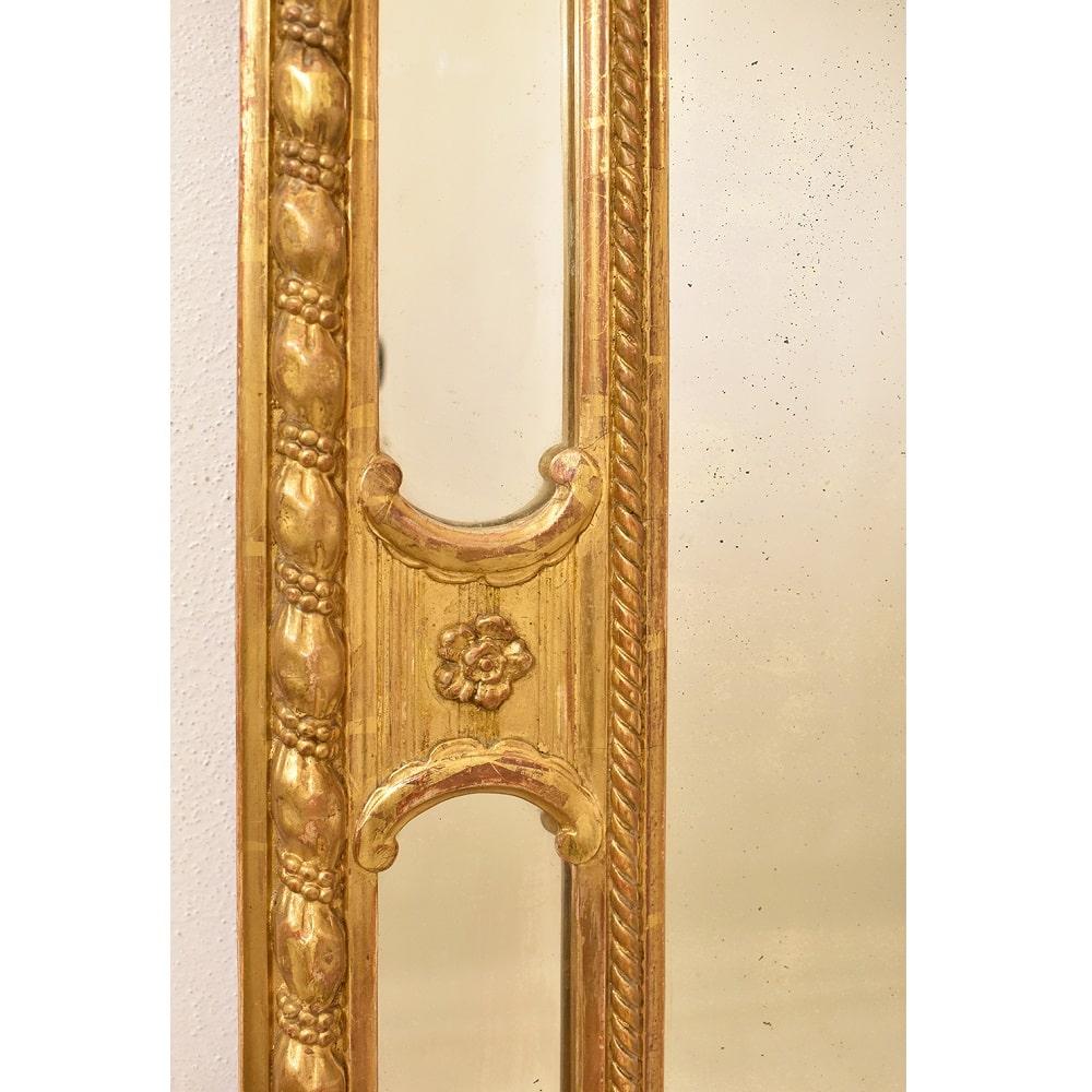 French Antique Gilt Wall Mirror with Flowers and Cup, Gold Leaf Frame, XIX Century