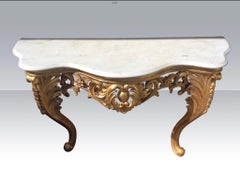 Antique Gilt Wood Carved Console Side Marble Top Table