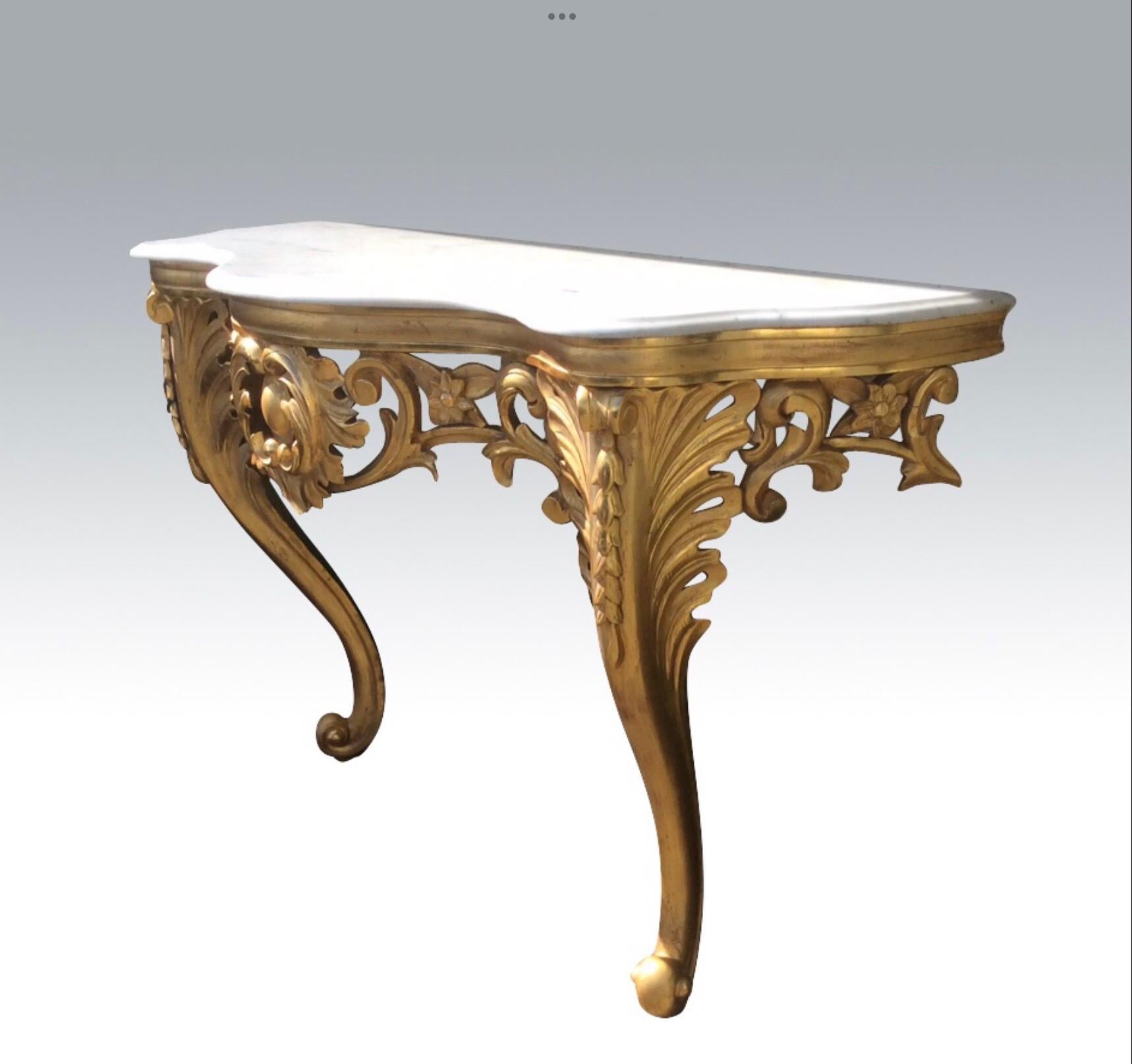French Antique Gilt Wood Carved Console Side Marble Top Table For Sale