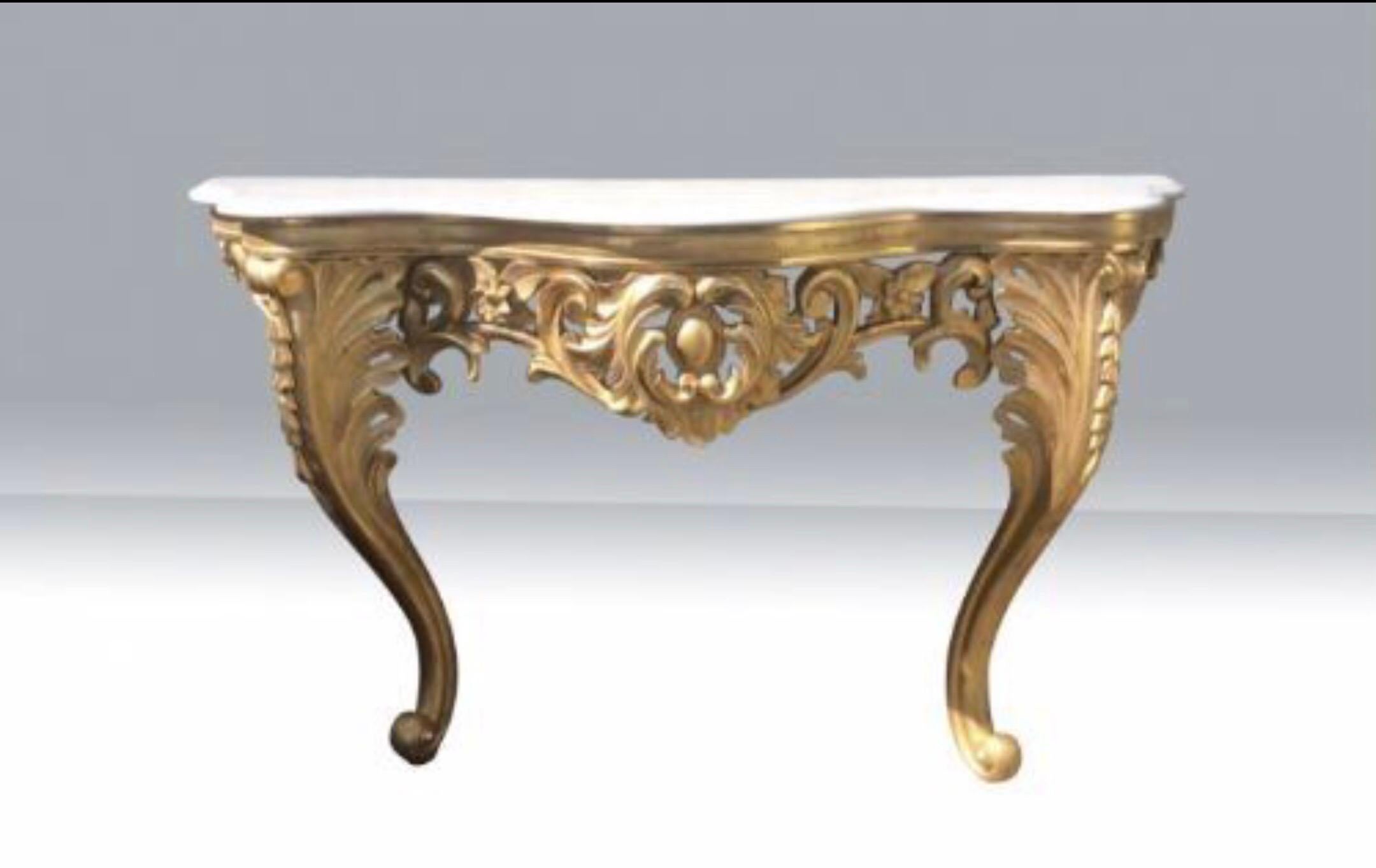 Mid-19th Century Antique Gilt Wood Carved Console Side Marble Top Table For Sale