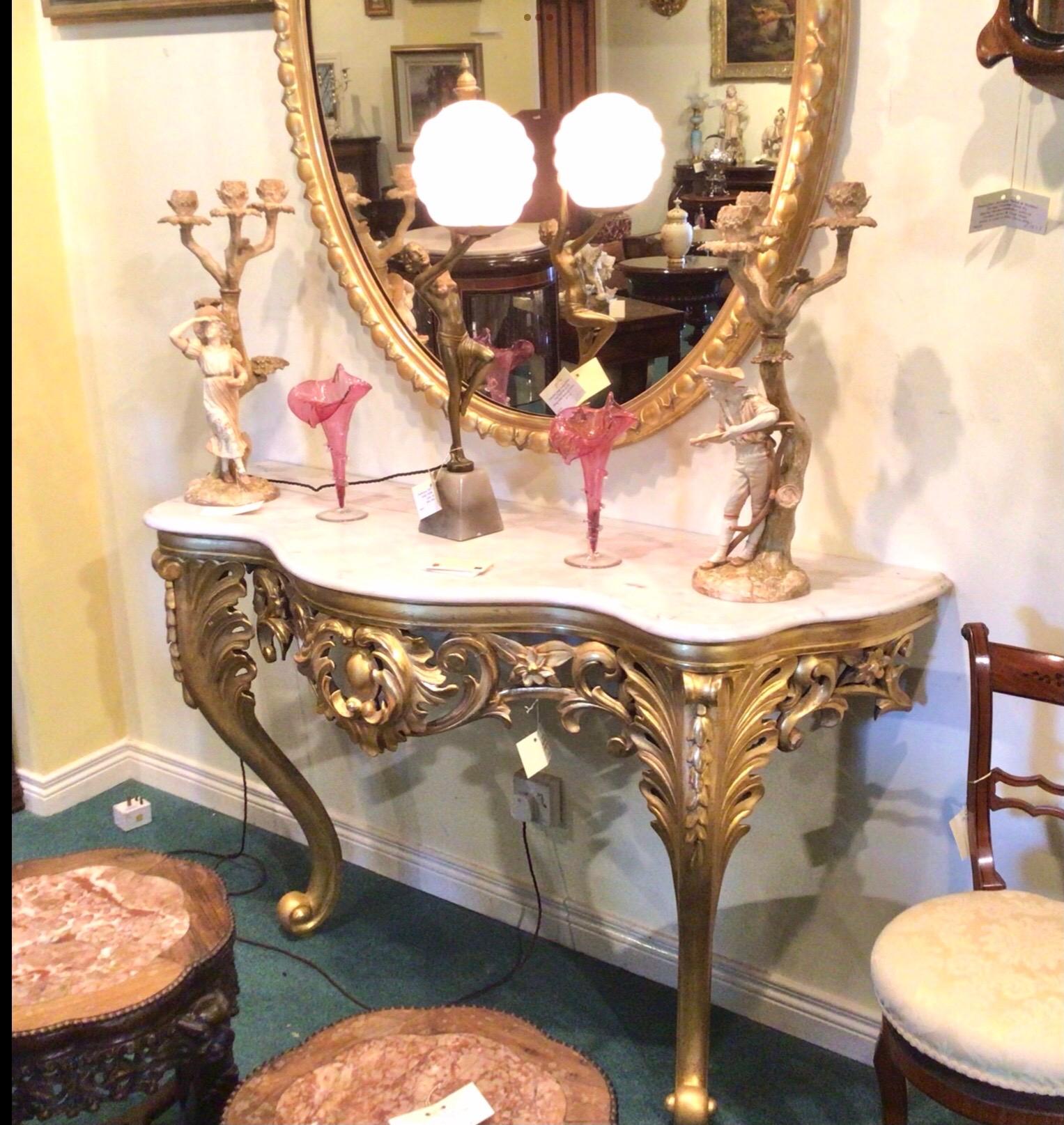 Giltwood Antique Gilt Wood Carved Console Side Marble Top Table For Sale