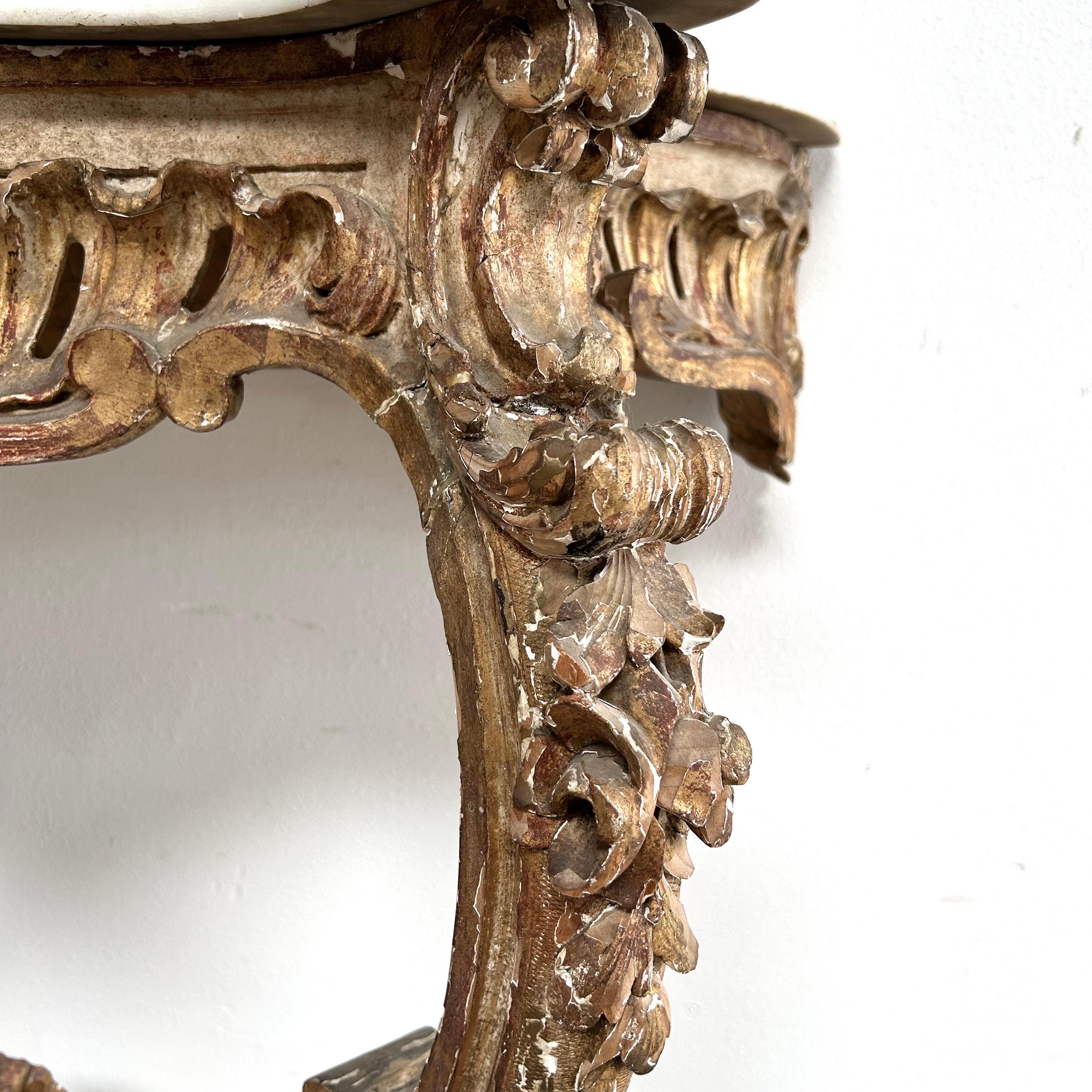 Antique Gilt Wood Carved Wall Console with Marble Top For Sale 5
