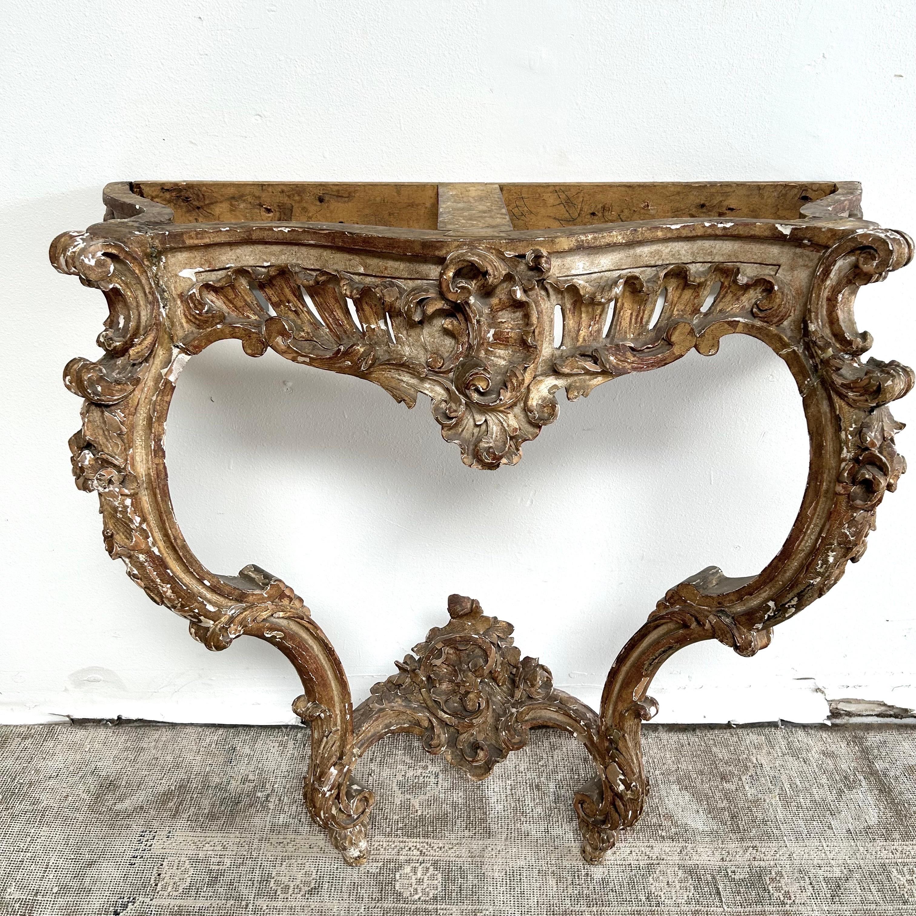 Antique Gilt Wood Carved Wall Console with Marble Top For Sale 10