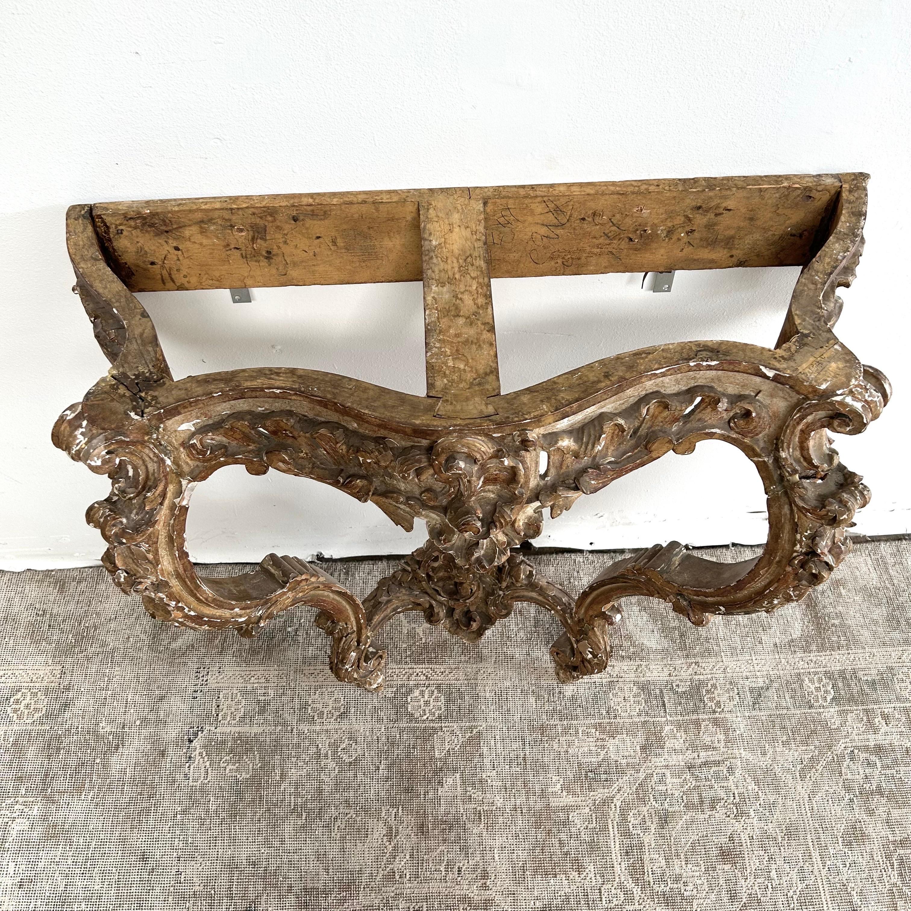 Antique Gilt Wood Carved Wall Console with Marble Top For Sale 11