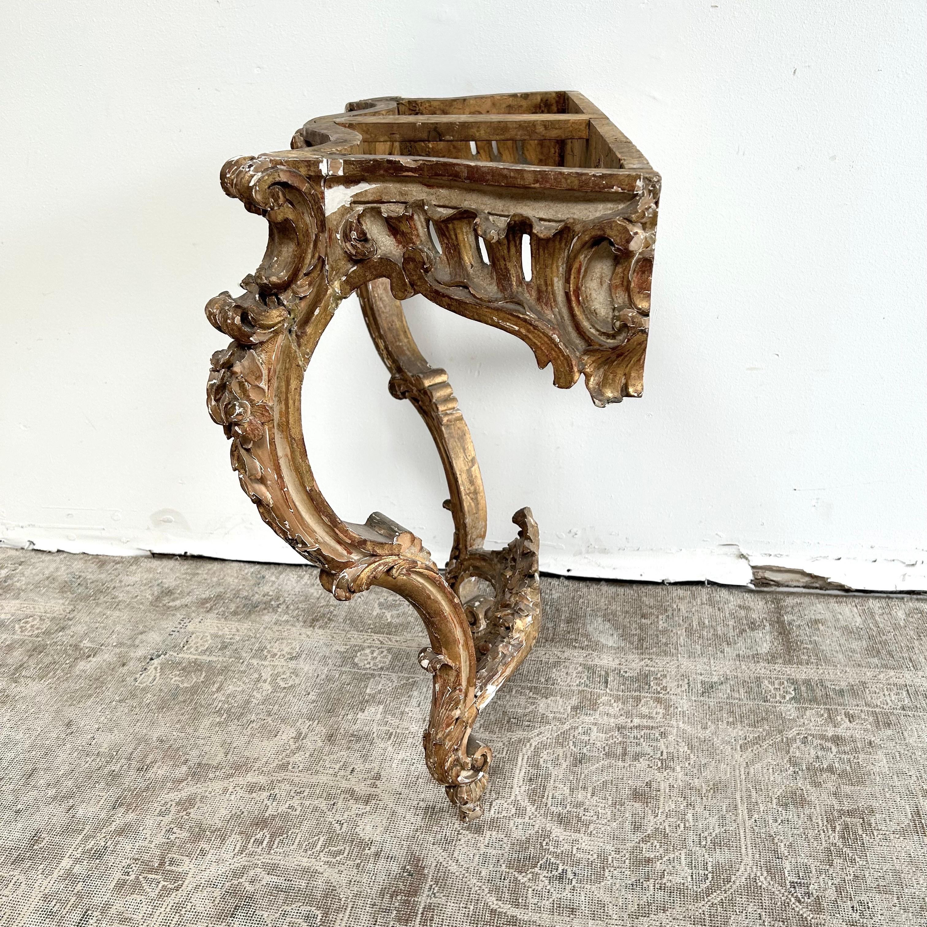 Antique Gilt Wood Carved Wall Console with Marble Top For Sale 14