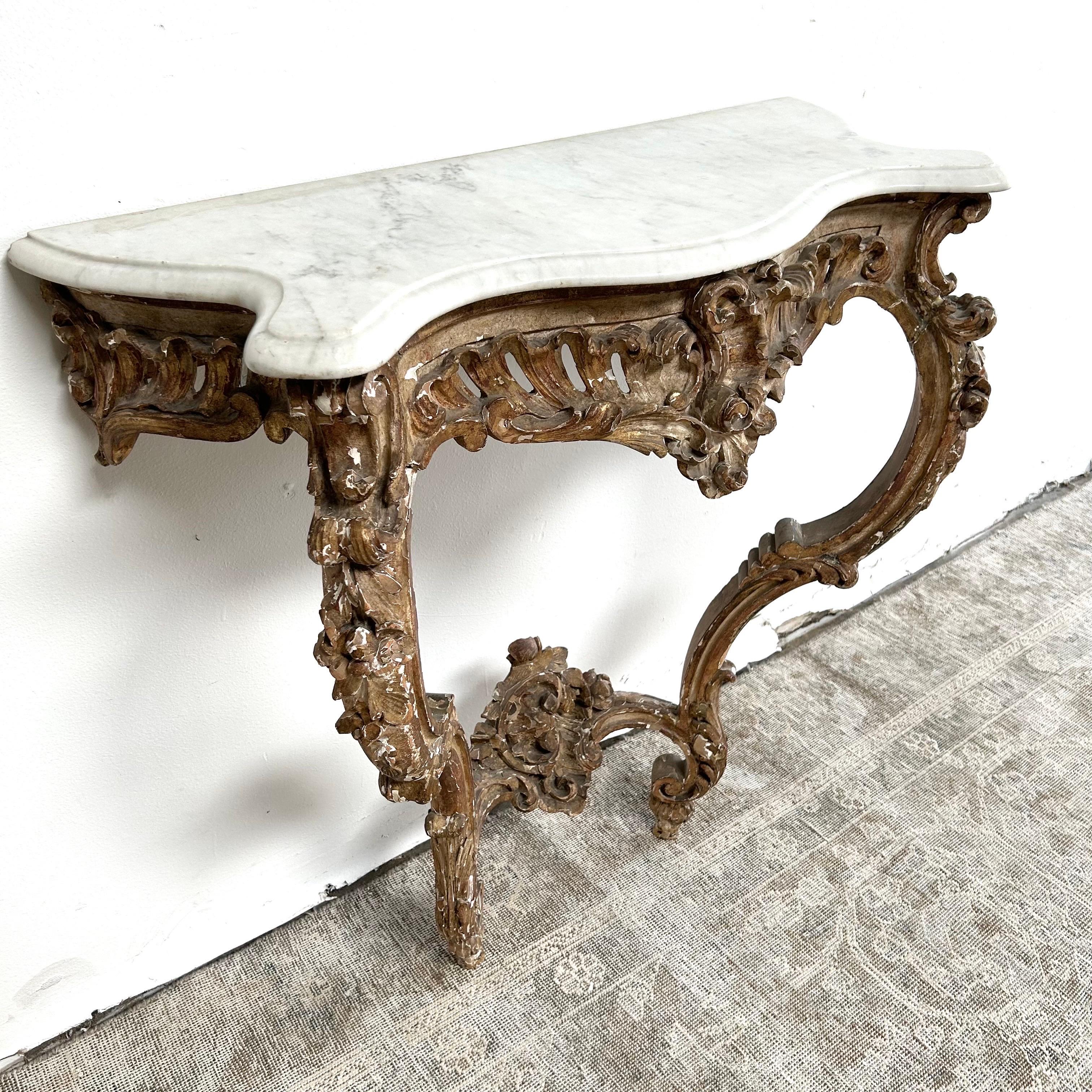 Antique Gilt Wood Carved Wall Console with Marble Top In Good Condition For Sale In Brea, CA