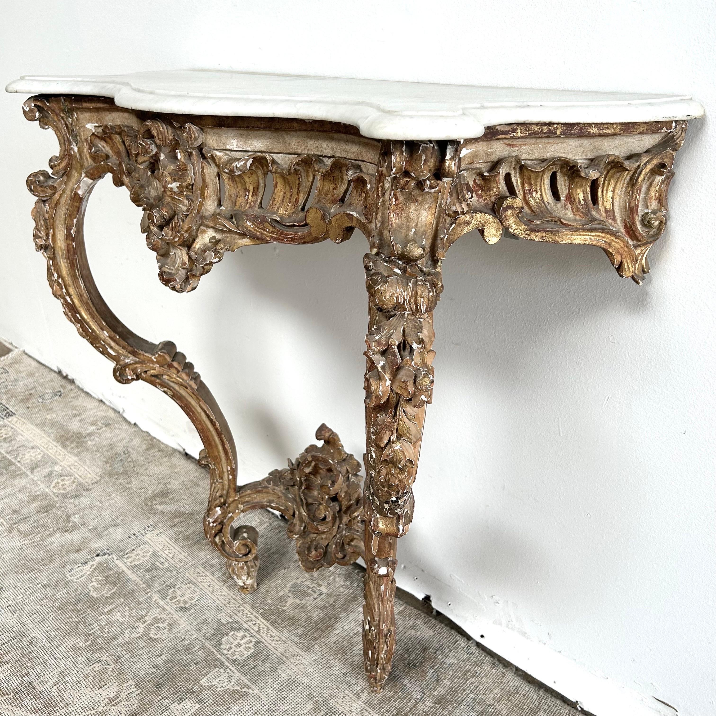 Giltwood Antique Gilt Wood Carved Wall Console with Marble Top For Sale