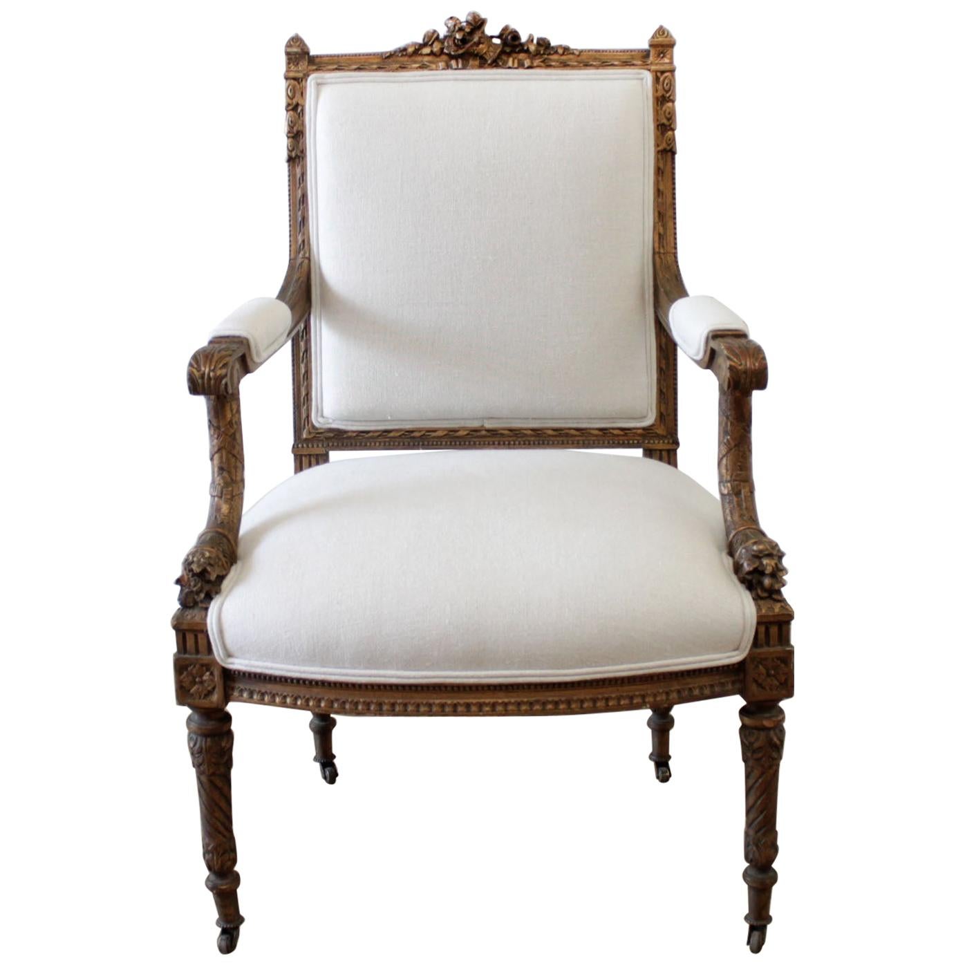 Antique Giltwood French Louis XVI Style Chair with Linen Upholstery