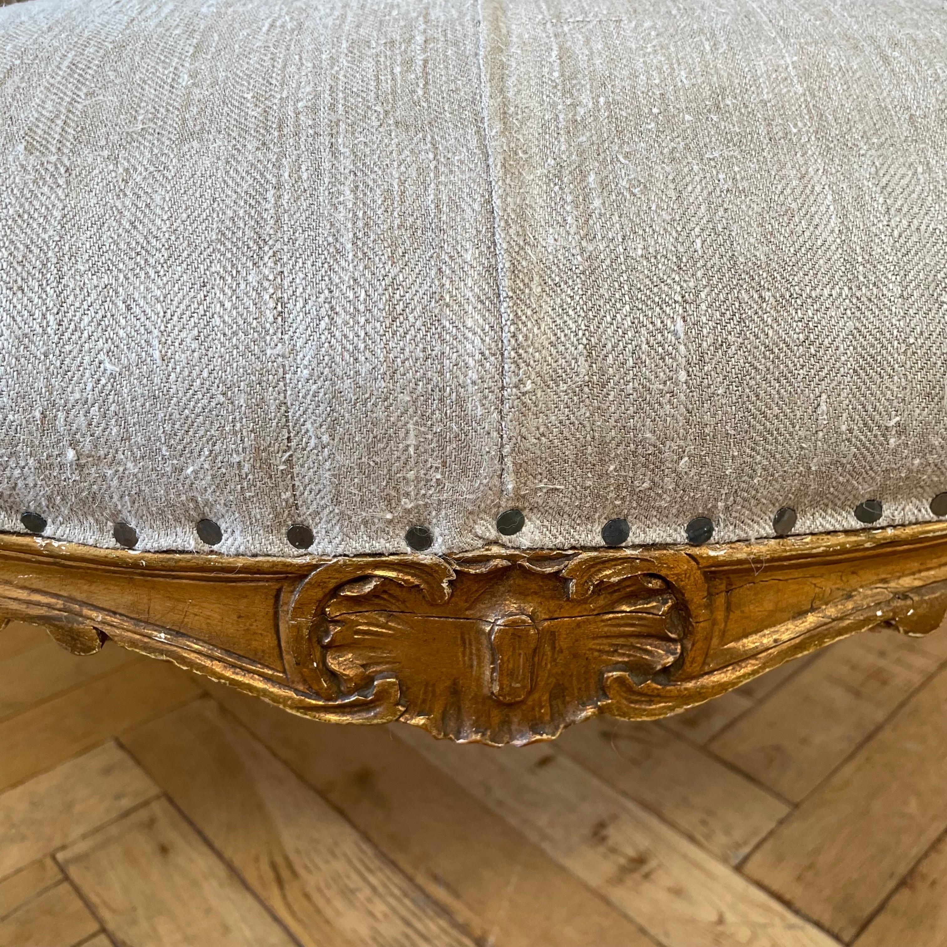 Antique Gilt Wood Louis XV Style Side Chair in Antique French Linen For Sale 6