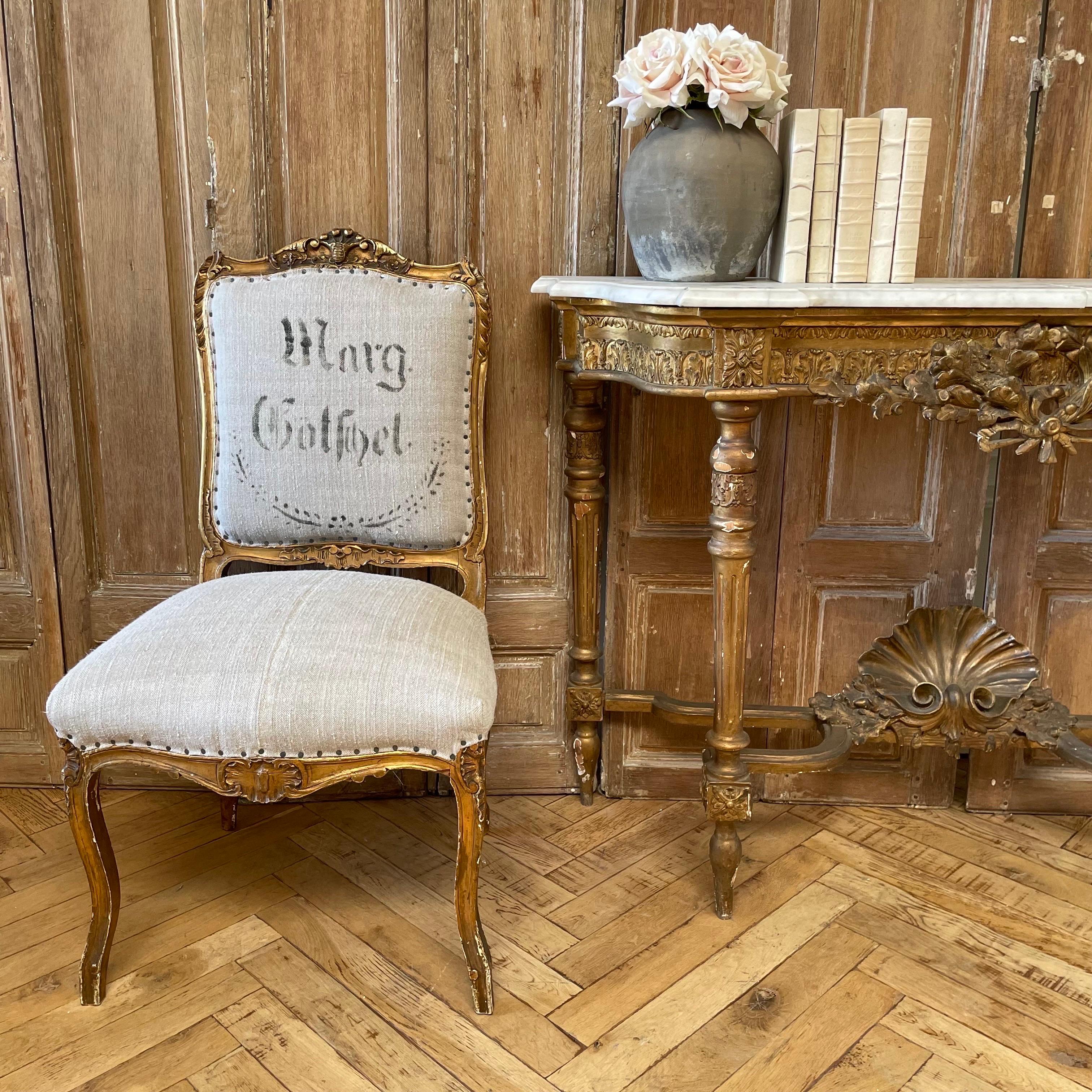 Antique Gilt Wood Louis XV Style Side Chair in Antique French Linen For Sale 7