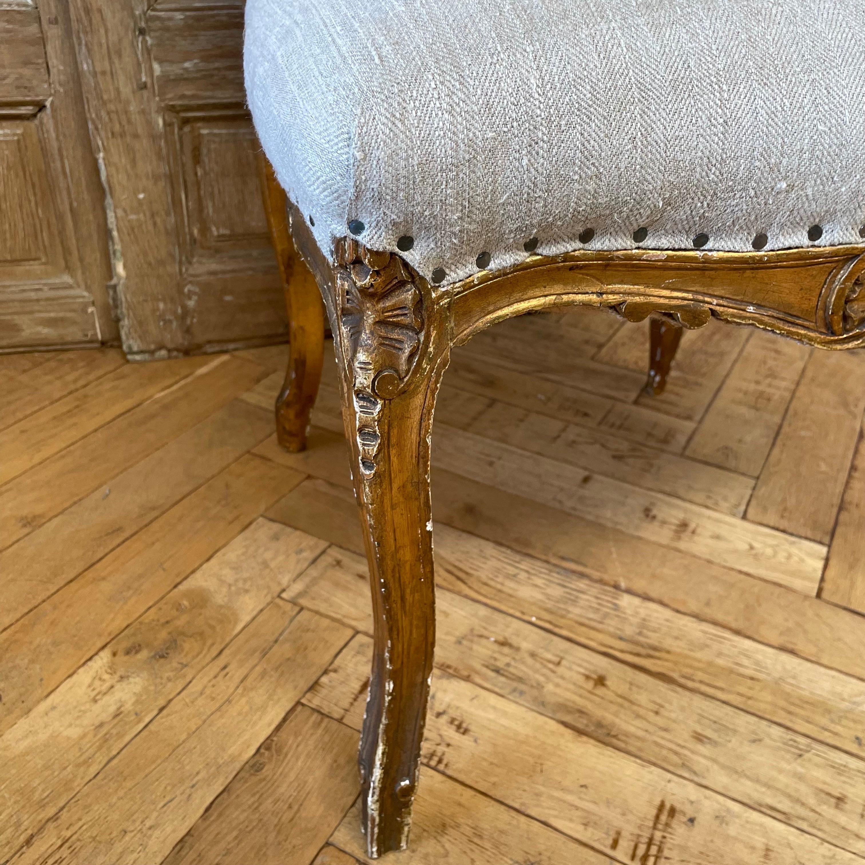 Antique Gilt Wood Louis XV Style Side Chair in Antique French Linen For Sale 8