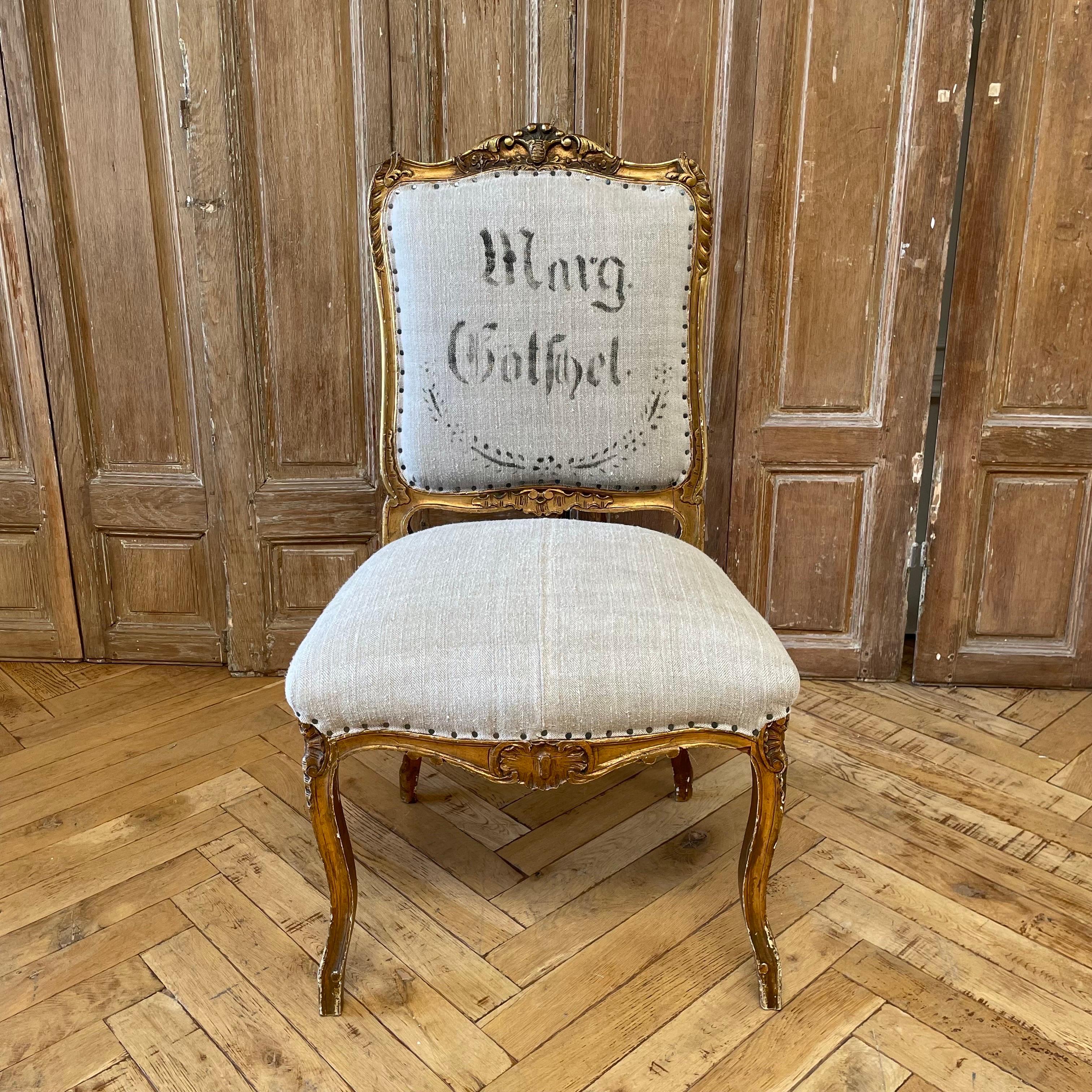 Antique Gilt Wood Louis XV Style Side Chair in Antique French Linen In Good Condition For Sale In Brea, CA