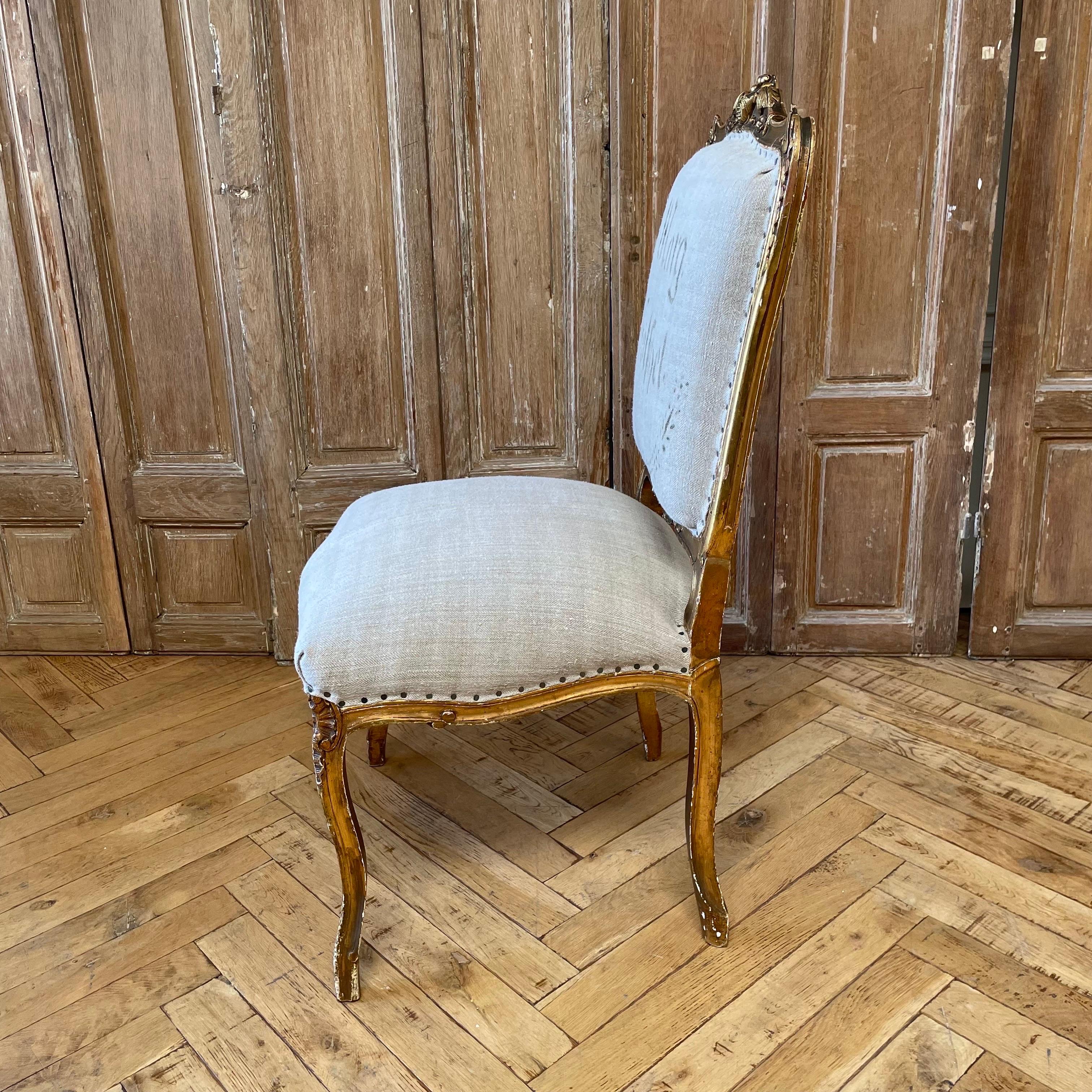 19th Century Antique Gilt Wood Louis XV Style Side Chair in Antique French Linen For Sale