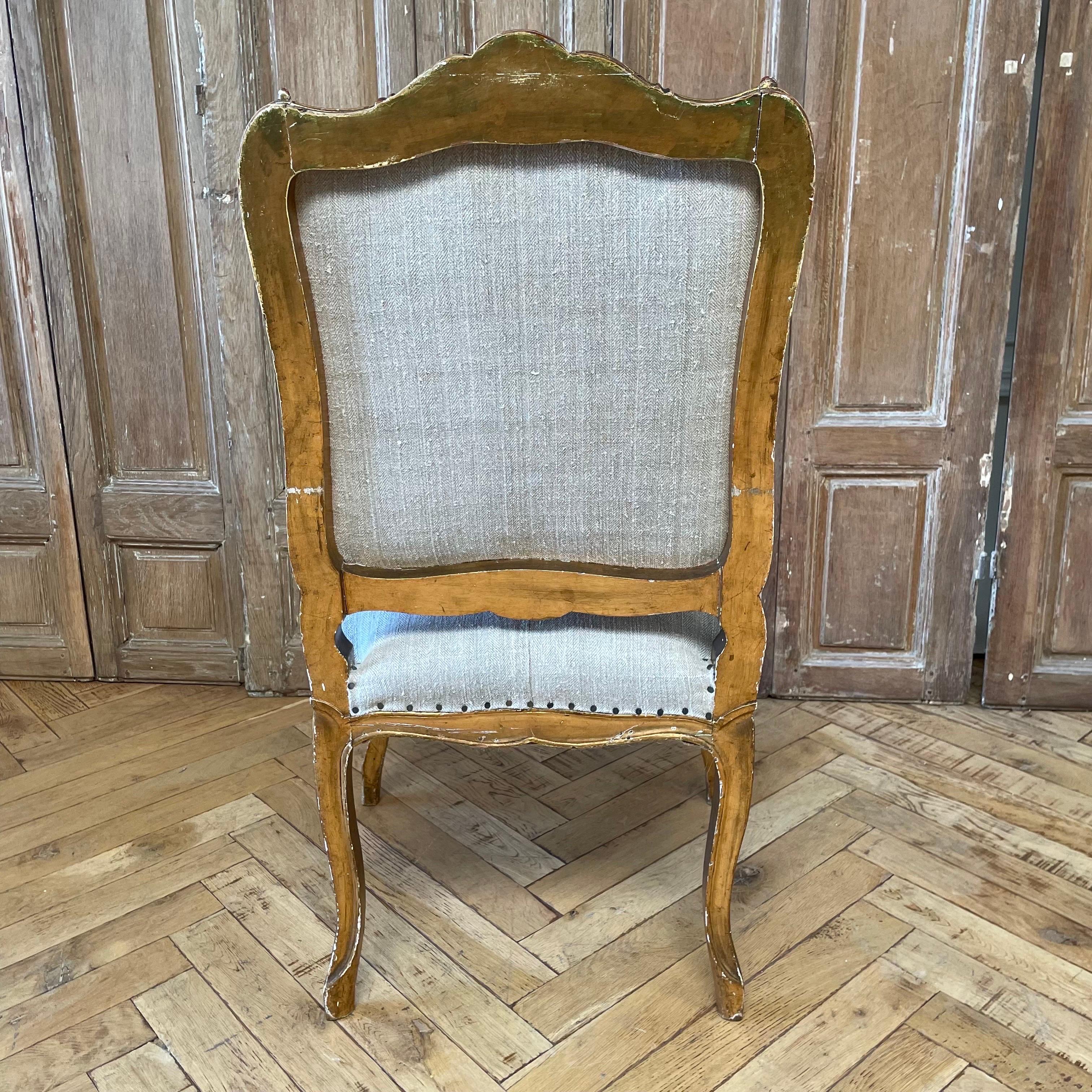 Antique Gilt Wood Louis XV Style Side Chair in Antique French Linen For Sale 1
