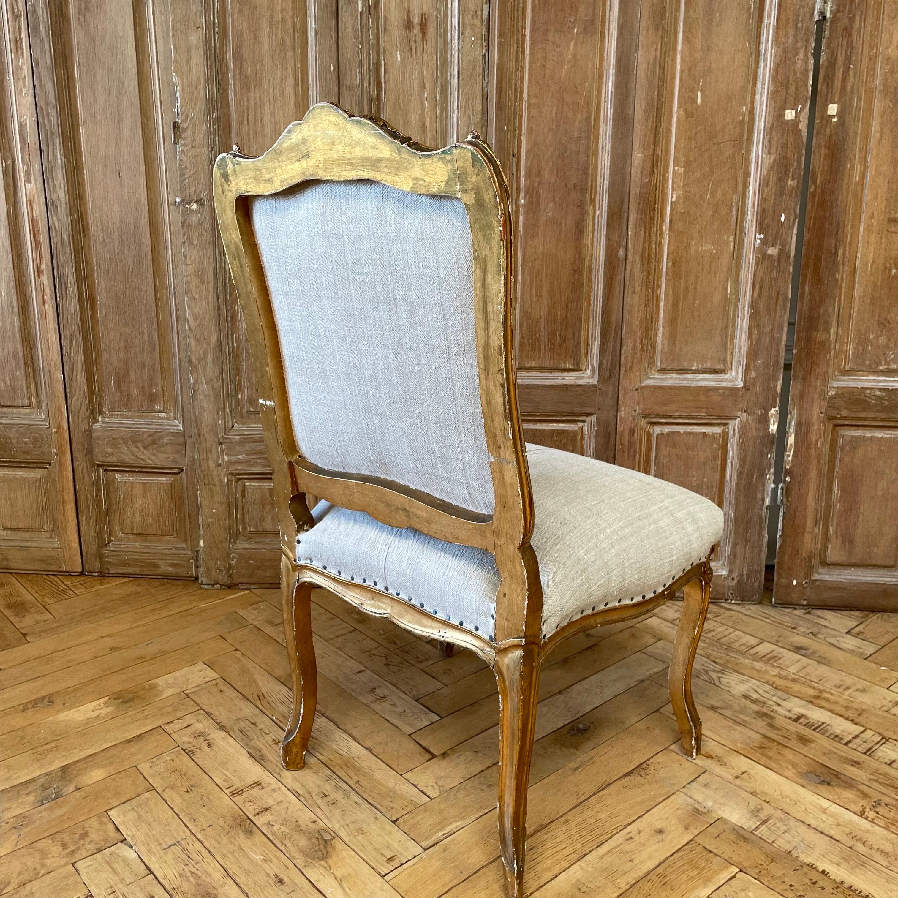 Antique Gilt Wood Louis XV Style Side Chair in Antique French Linen For Sale 2