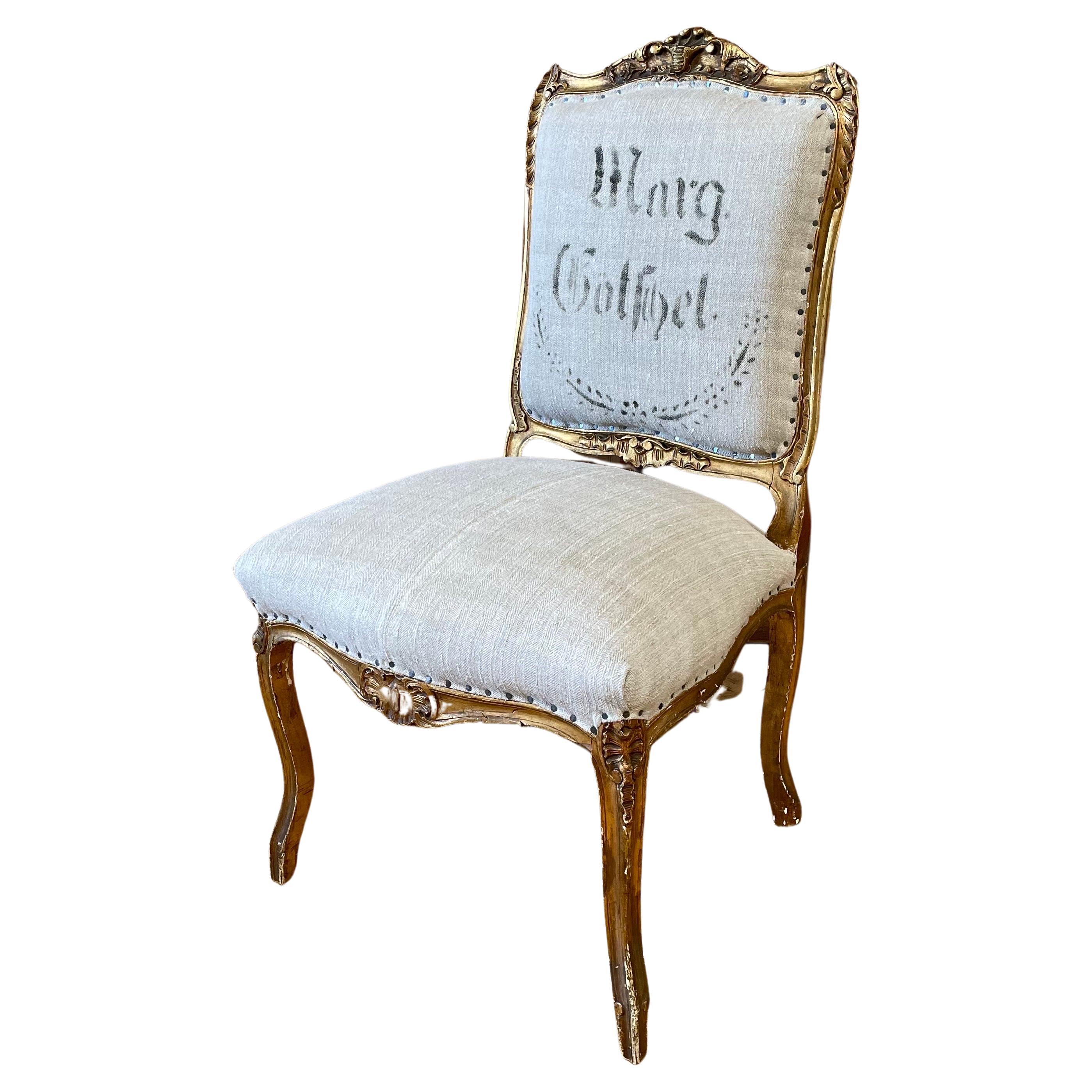 Antique Gilt Wood Louis XV Style Side Chair in Antique French Linen For Sale