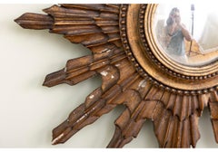 Antique Gilt Wood Sunburst Convex Mirror