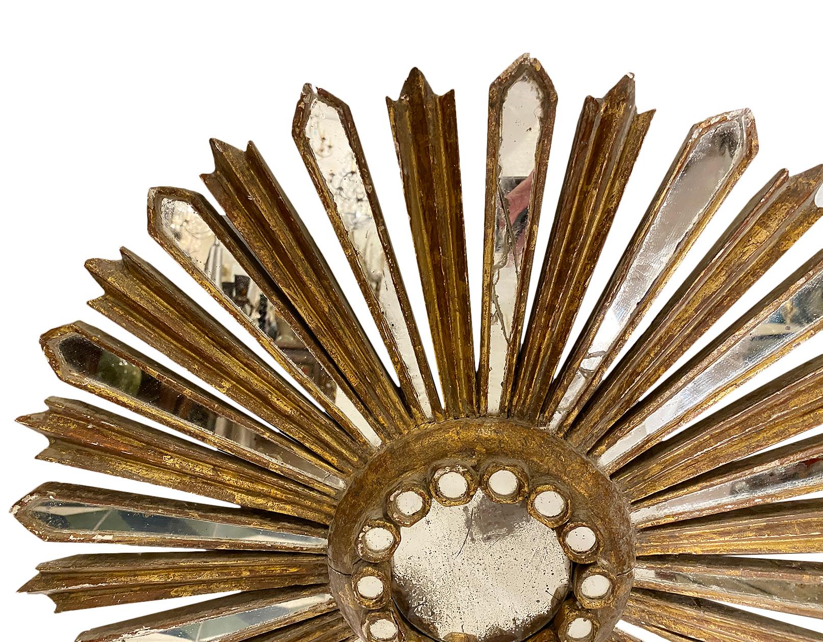 Spanish Antique Gilt Wood Sunburst Mirror For Sale