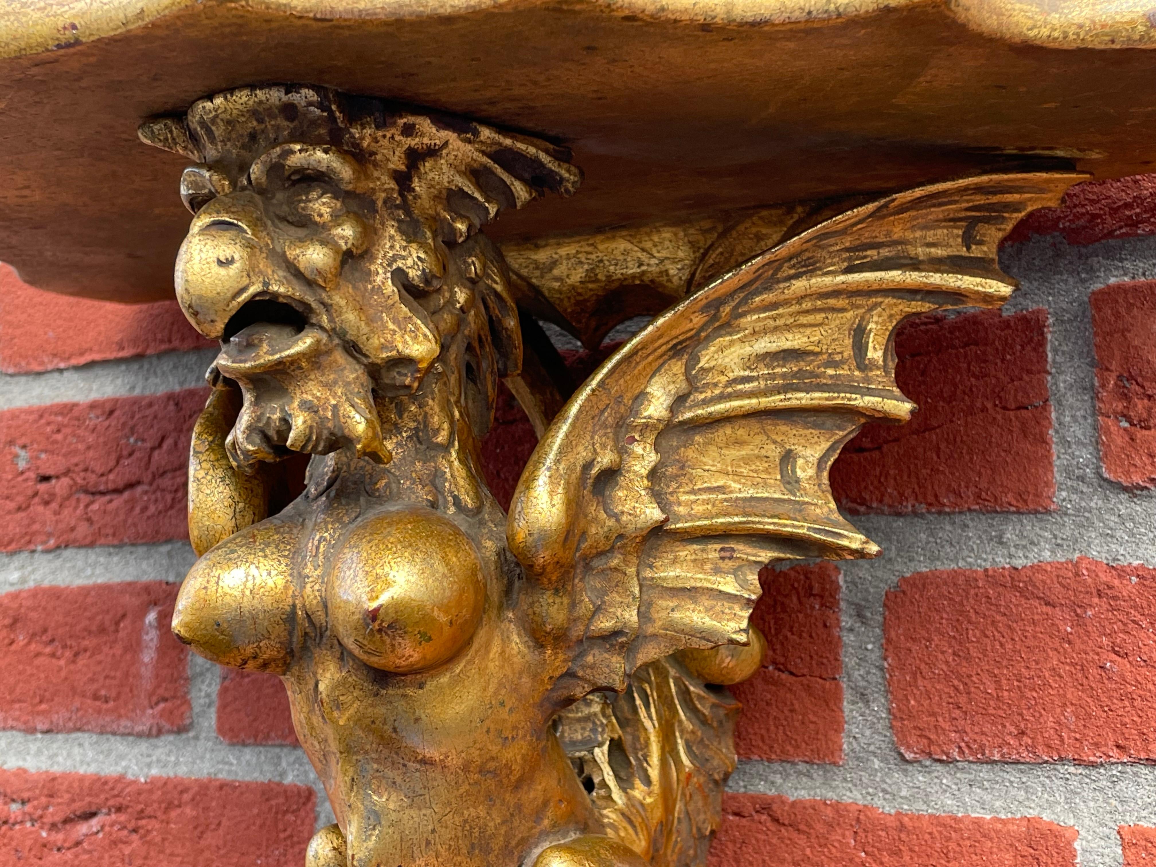European Antique Gilt Wooden Gothic Art Hand Carved Gargoyle Wall Bracket Shelf / Corbel For Sale