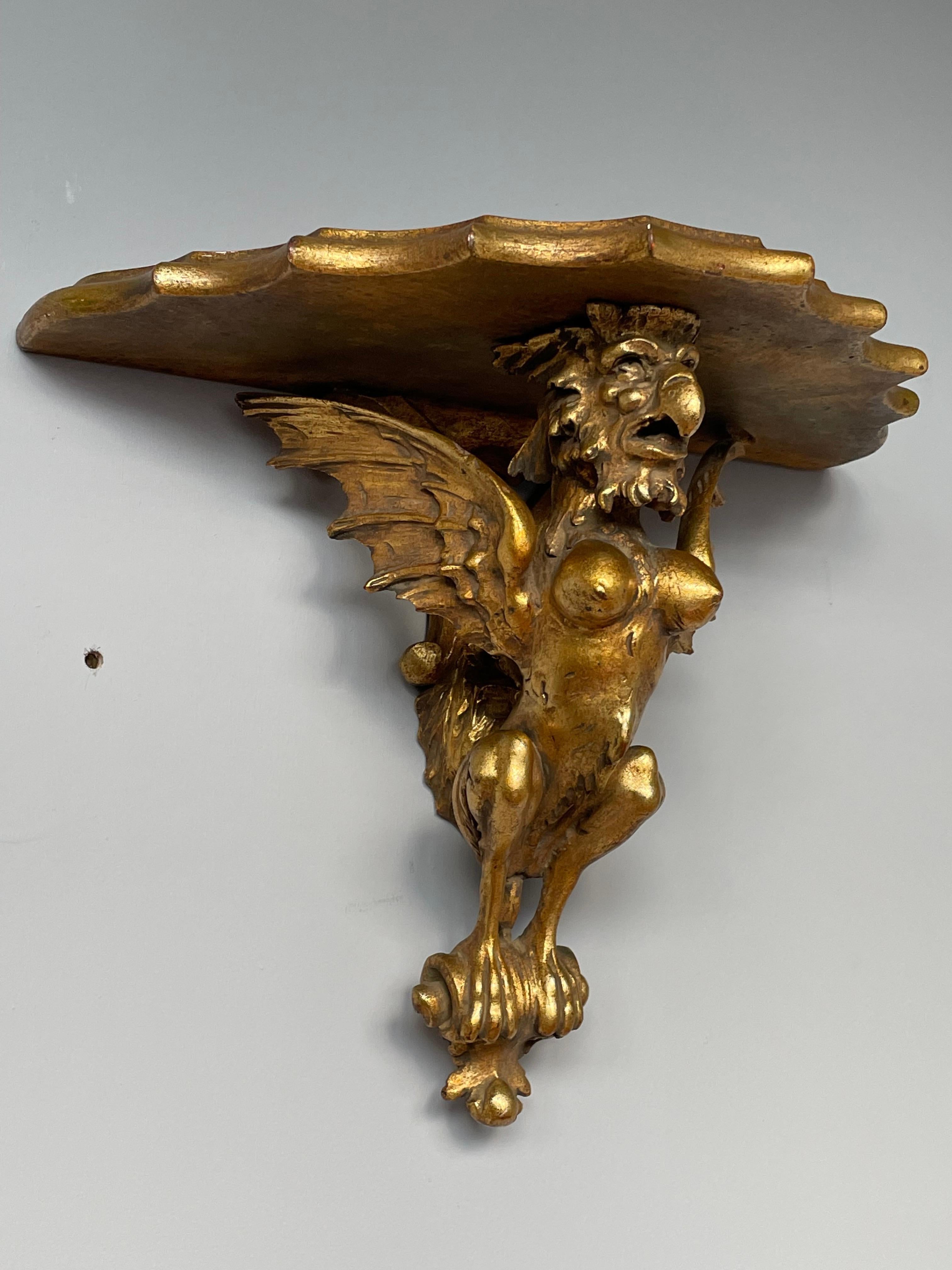 Hand-Carved Antique Gilt Wooden Gothic Art Hand Carved Gargoyle Wall Bracket Shelf / Corbel For Sale