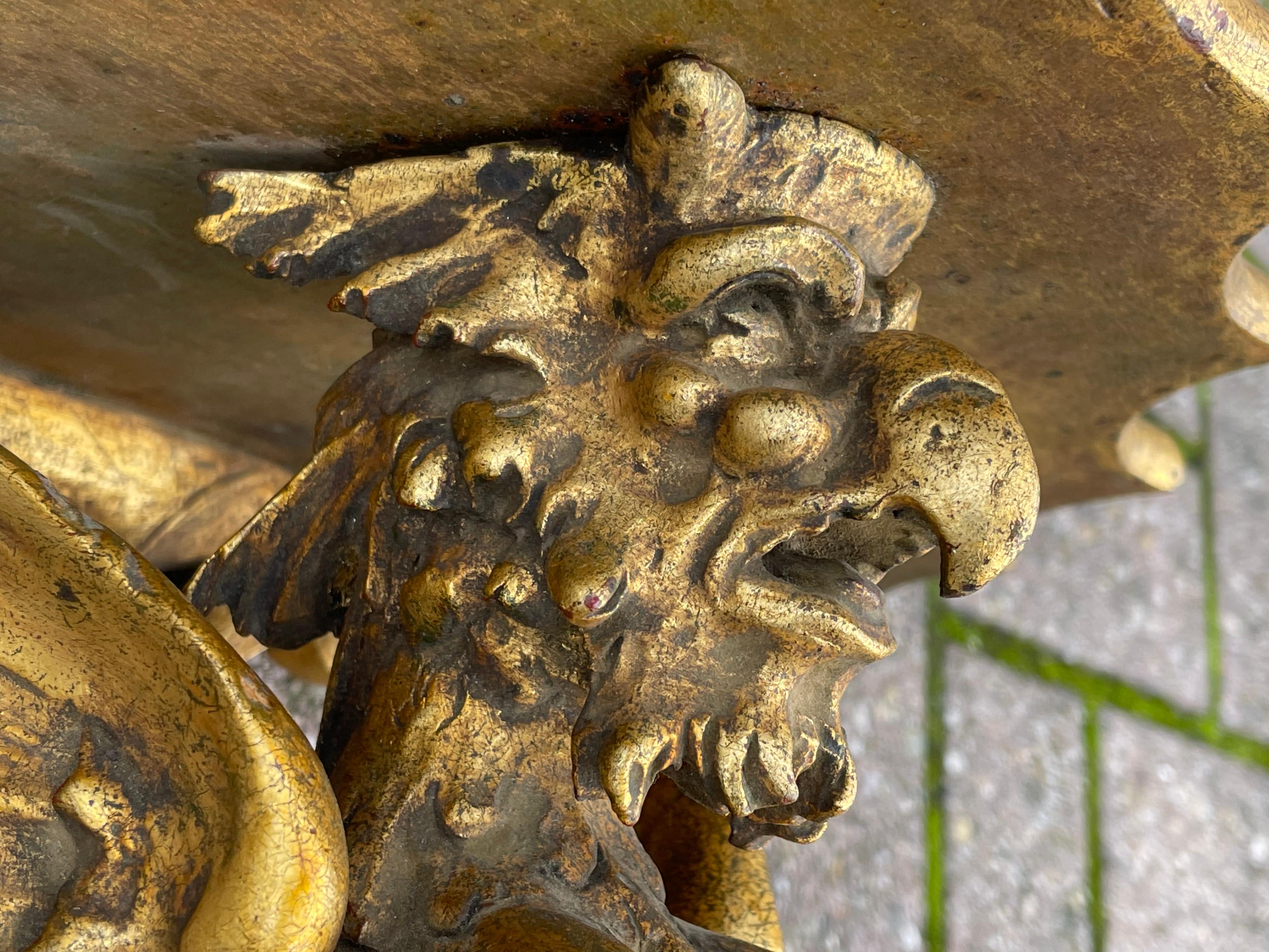 Antique Gilt Wooden Gothic Art Hand Carved Gargoyle Wall Bracket Shelf / Corbel In Excellent Condition For Sale In Lisse, NL