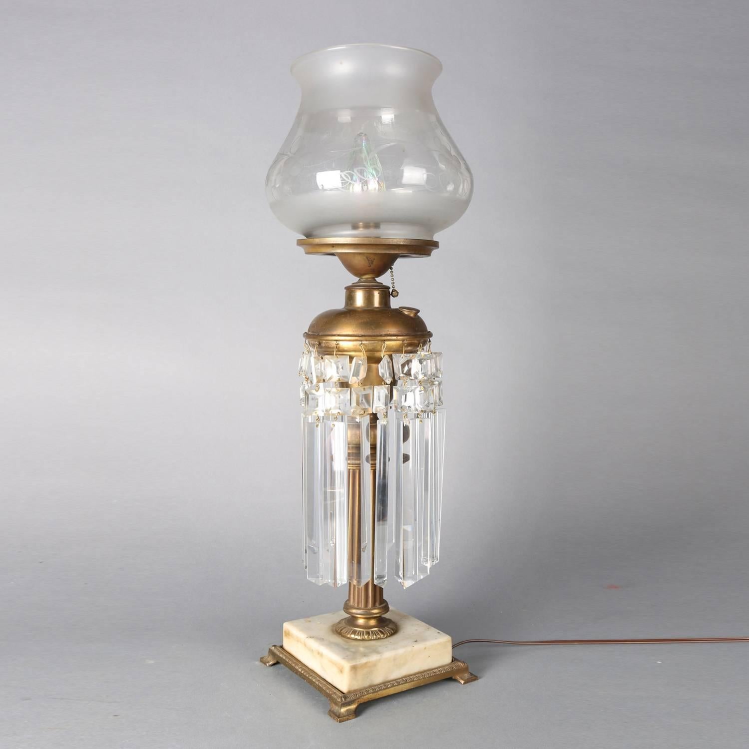 Cast Antique Gilt, Marble and Crystal Electrified Solar Lamp, 19th Century