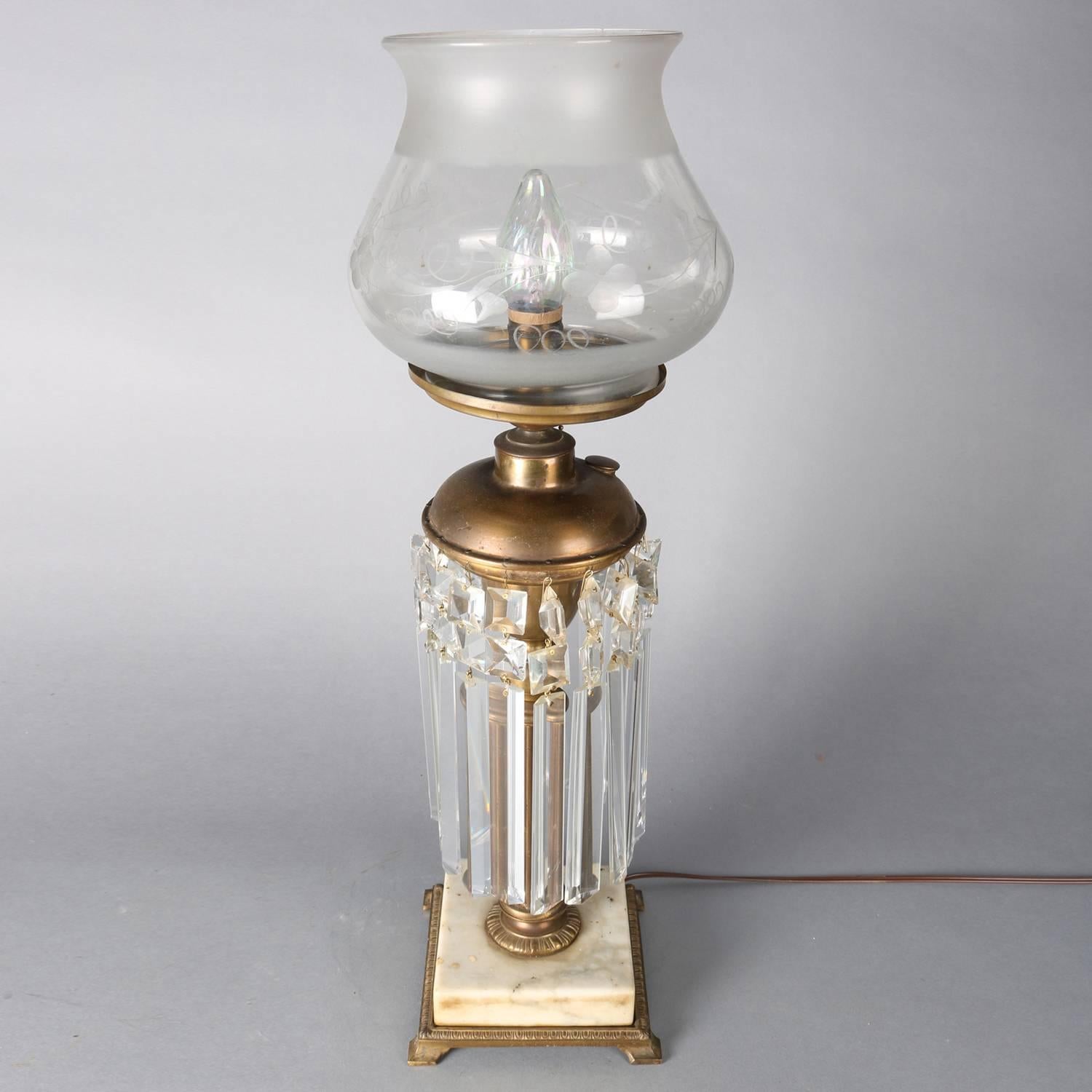 Antique Gilt, Marble and Crystal Electrified Solar Lamp, 19th Century In Good Condition In Big Flats, NY