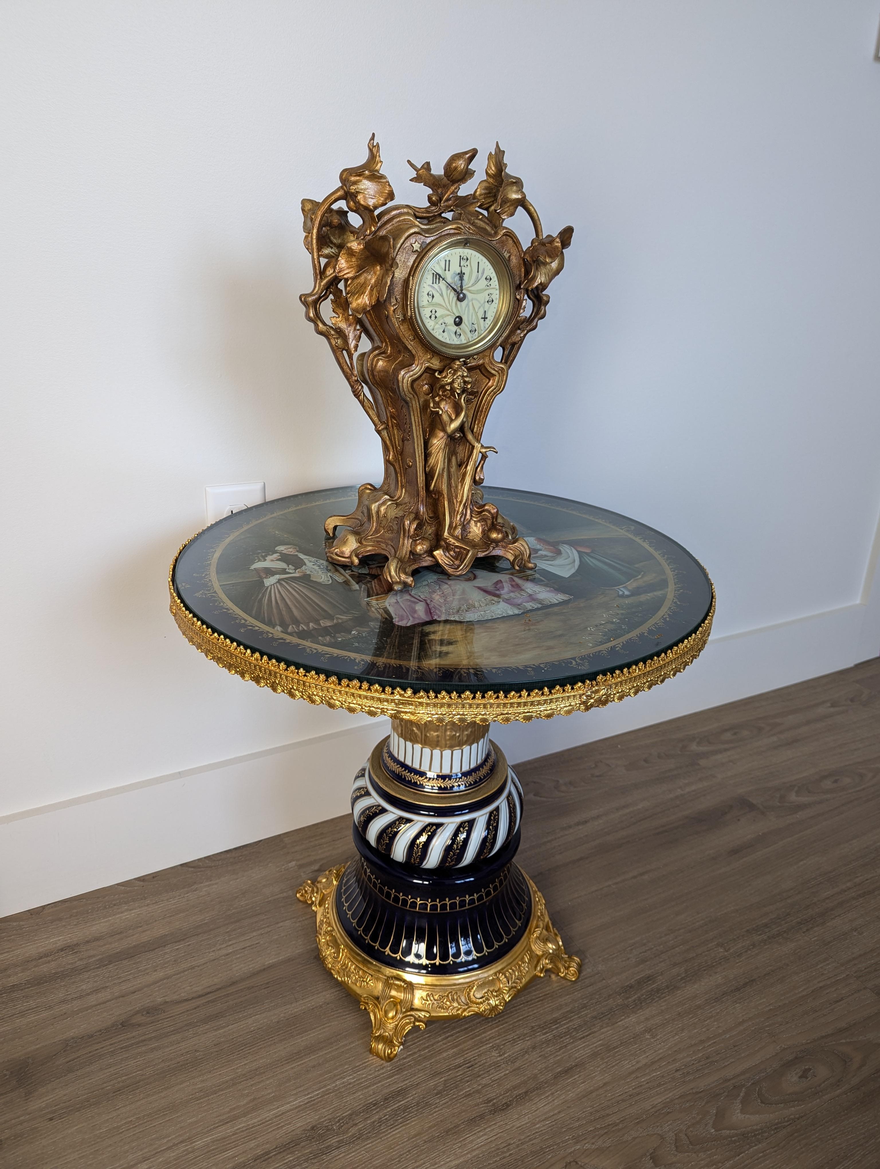 French Antique Gilted Bronze Art Nouveau Floral Figural Mantel Clock